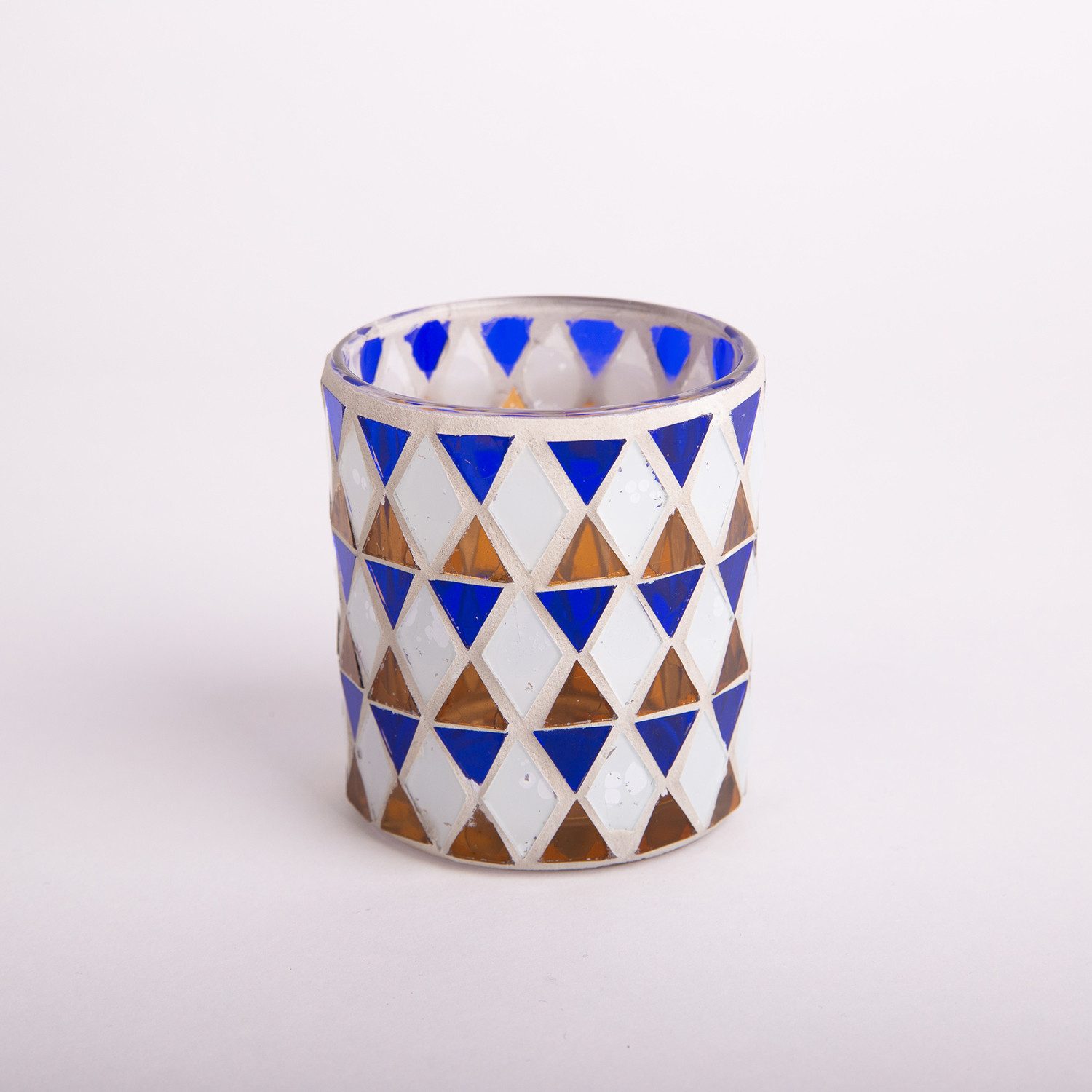 INNA-Glas Kerzenhalter Teelichtglas Samira, Mosaik, Zylinder - rund, blau weiß, 7x7x8cm