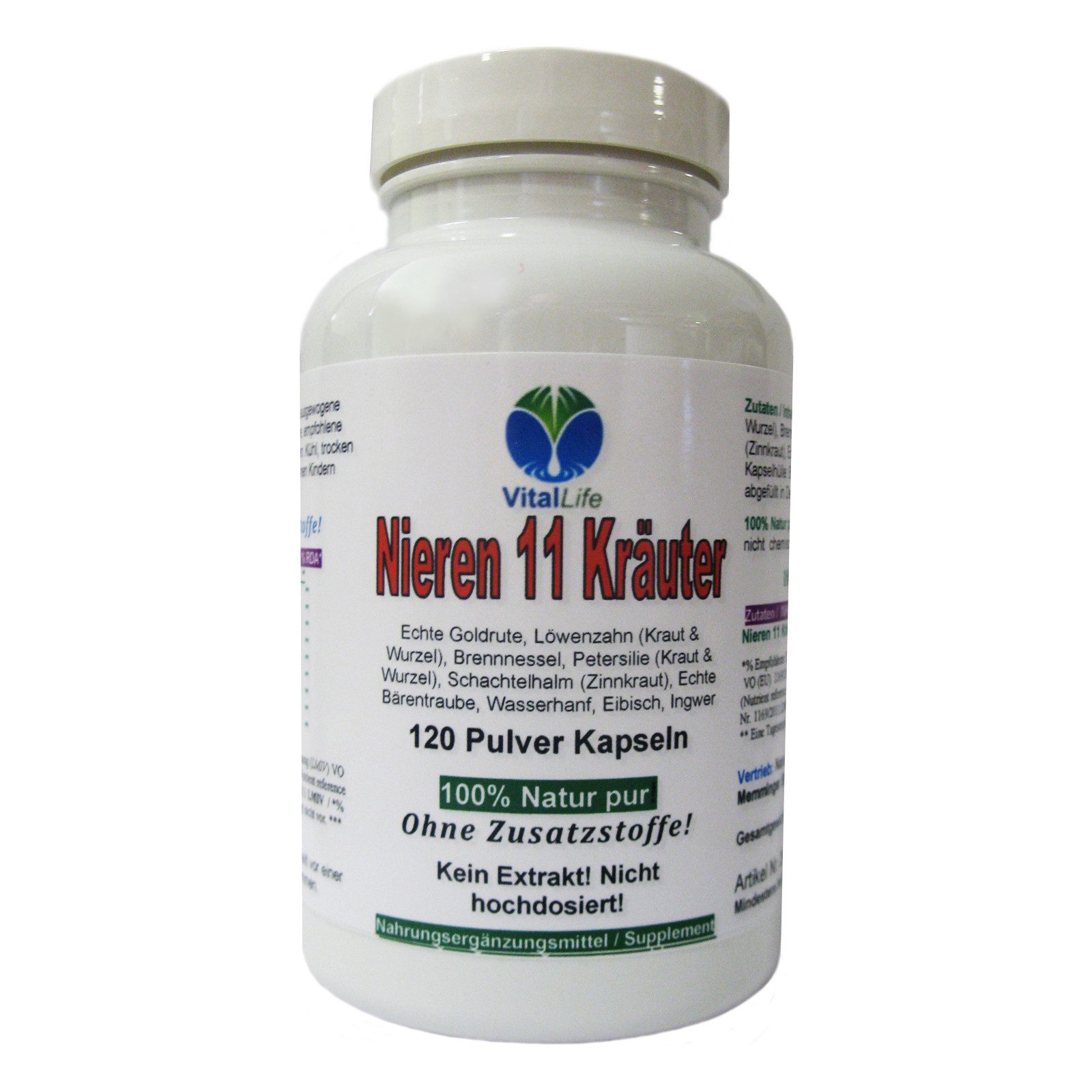 VitalLife Nieren 11 Kräuter Goldrute Eibisch Bärentraube uvm - Ohne Zusatzsoffe Kapseln, 1 er Dose à 120 St., 56 g, Art. 26309