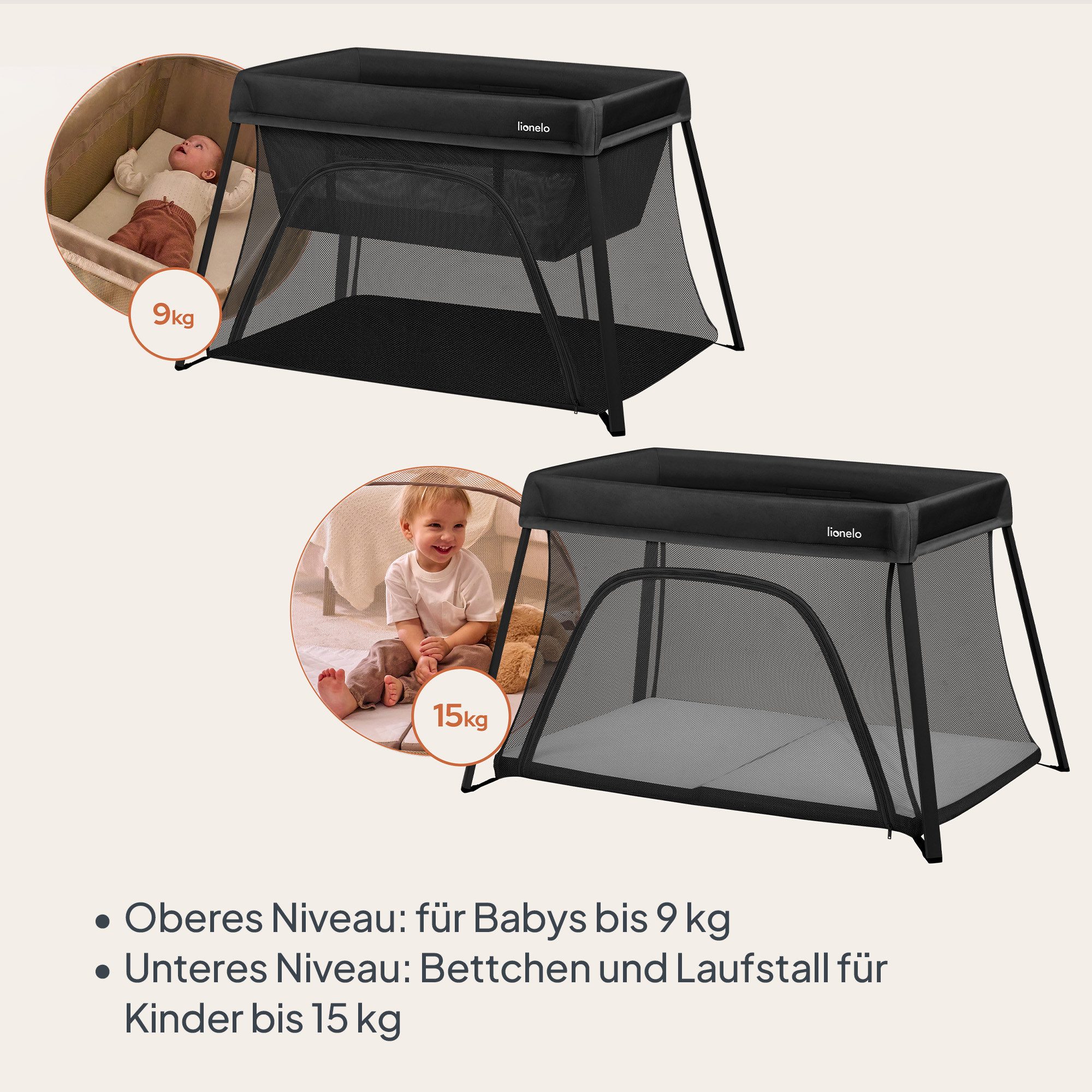 lionelo Reisebett ALICE (Set, Set mit Matratze und Transporttasche) 3in1/Faltbar/2 Ebenen/Eingang/Bis 15 kg