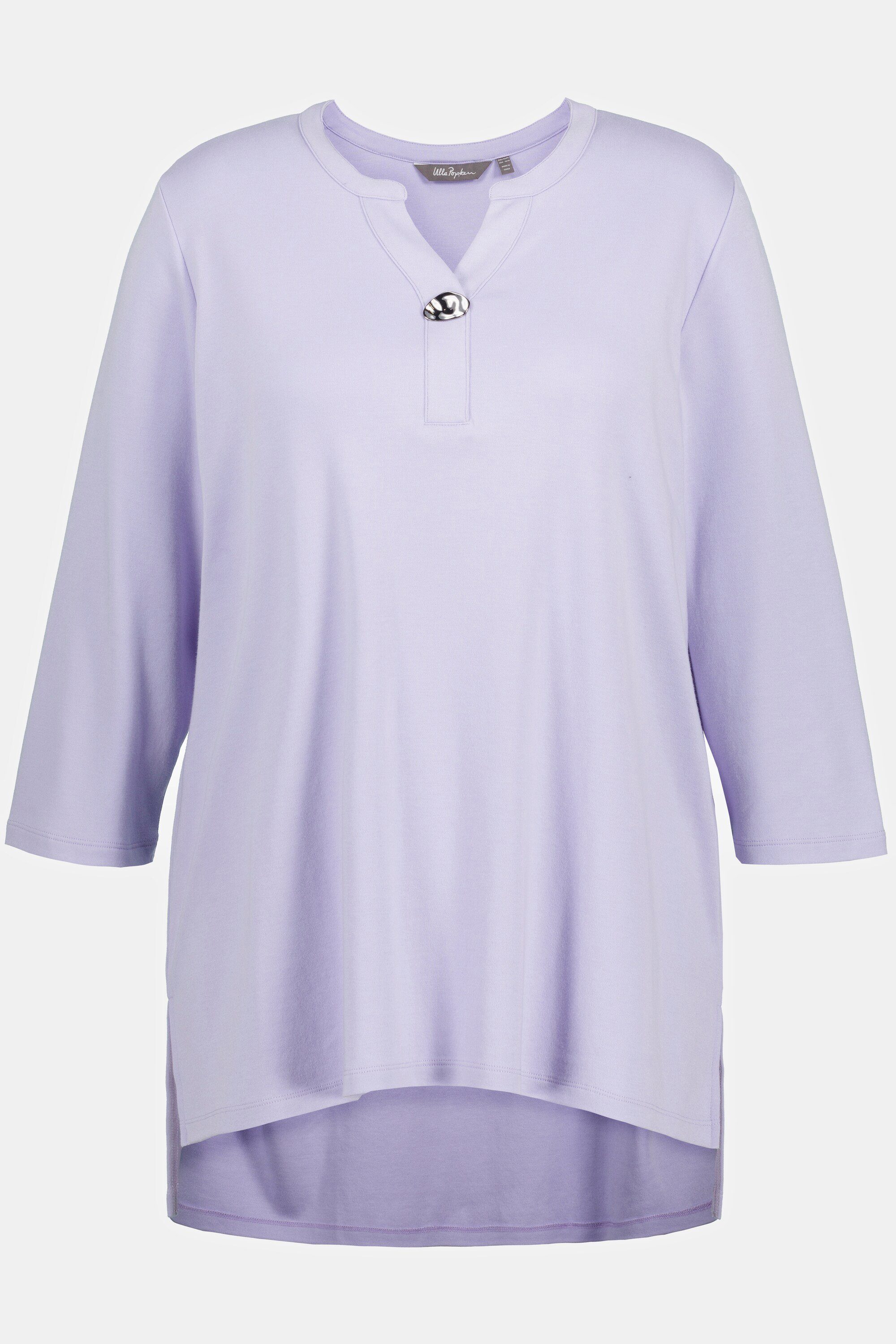 Ulla Popken Rundhalsshirt lavendel Modal A-Line Tunika-Ausschnitt Shirt Schmuckknopf