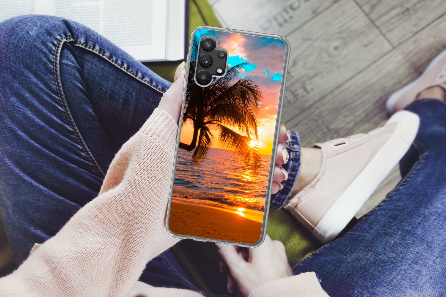 MuchoWow Handyhülle für Samsung Galaxy A32 5G Palme - Sonnenuntergang - Horizont - Strand, Smartphone-Bumper, Print, Handy Schutzhülle Dünn