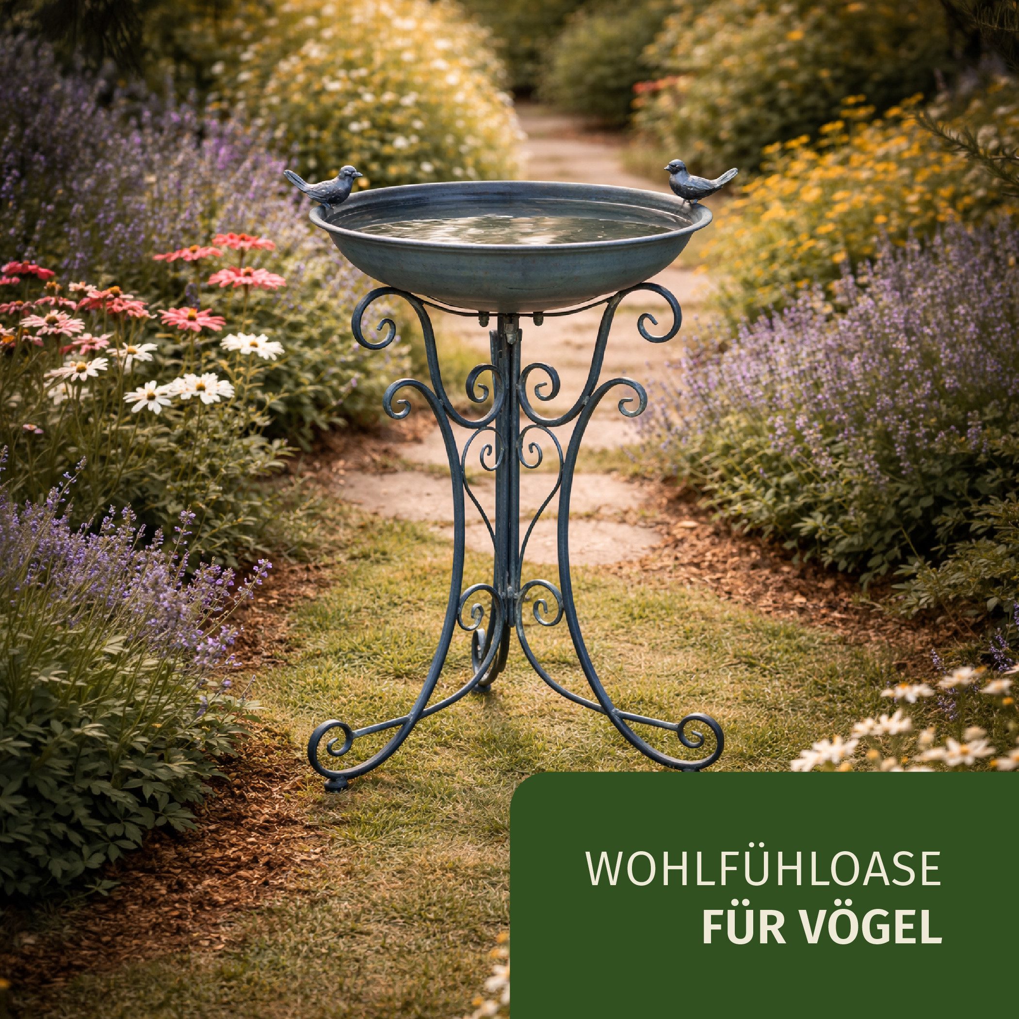 Moritz Vogeltränke Vogeltränke Vogelbad blau mit zwei Vögeln auf der Schale