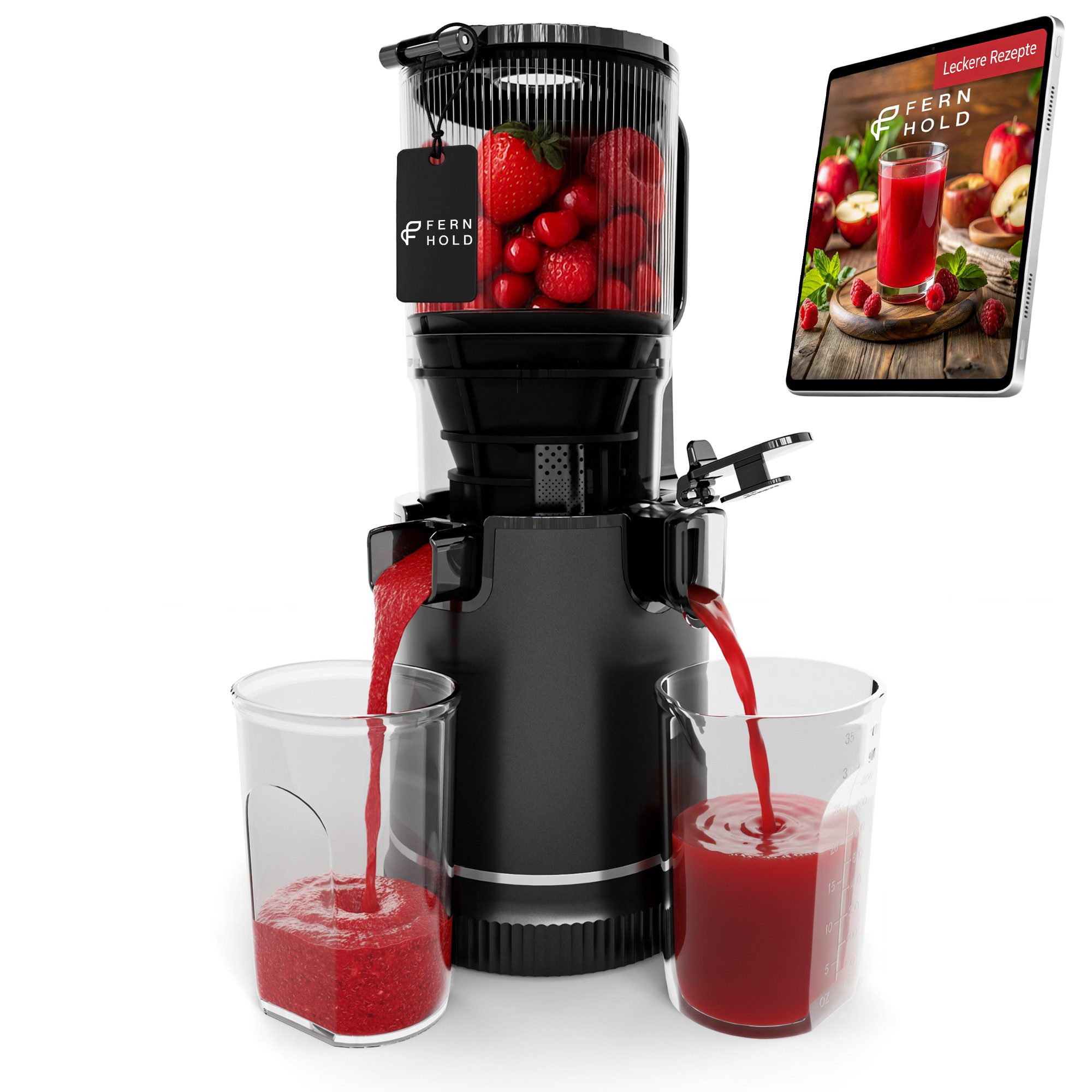 FERNHOLD Slow Juicer Entsafter Gemüse und Obst, 250 W, 130 mm XXL Einfüllschacht, 1,8 L Füllvolumen