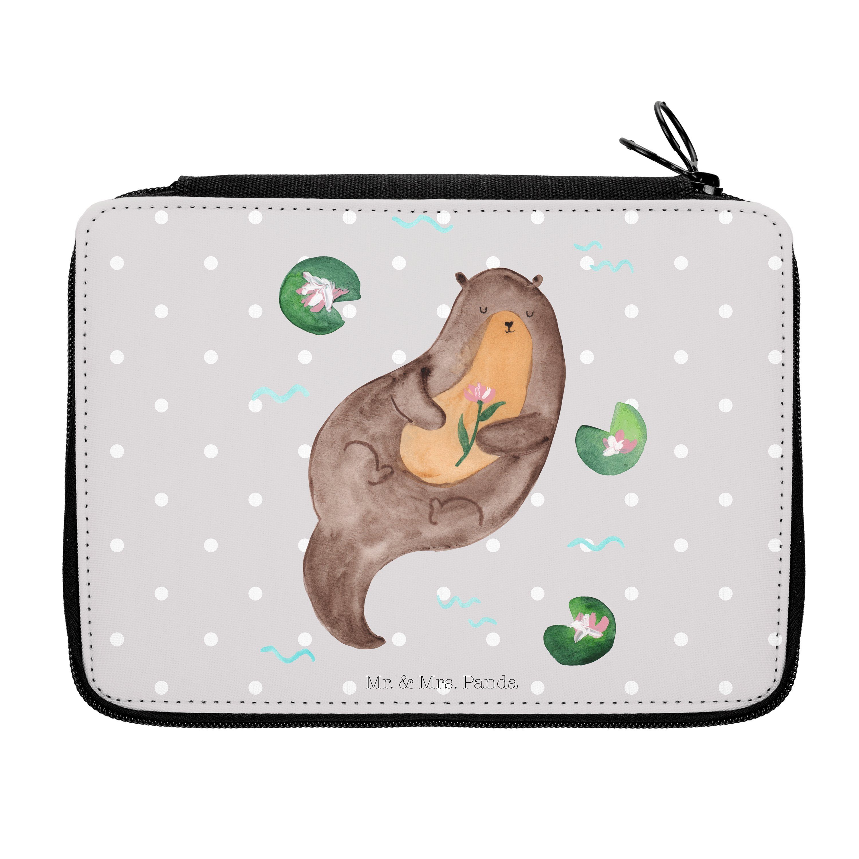 Mr. & Mrs. Panda Federmäppchen Otter mit Seerose - Grau Pastell - Geschenk, Wasser, Büro Stifte Etui, (1-tlg) | Federmäppchen