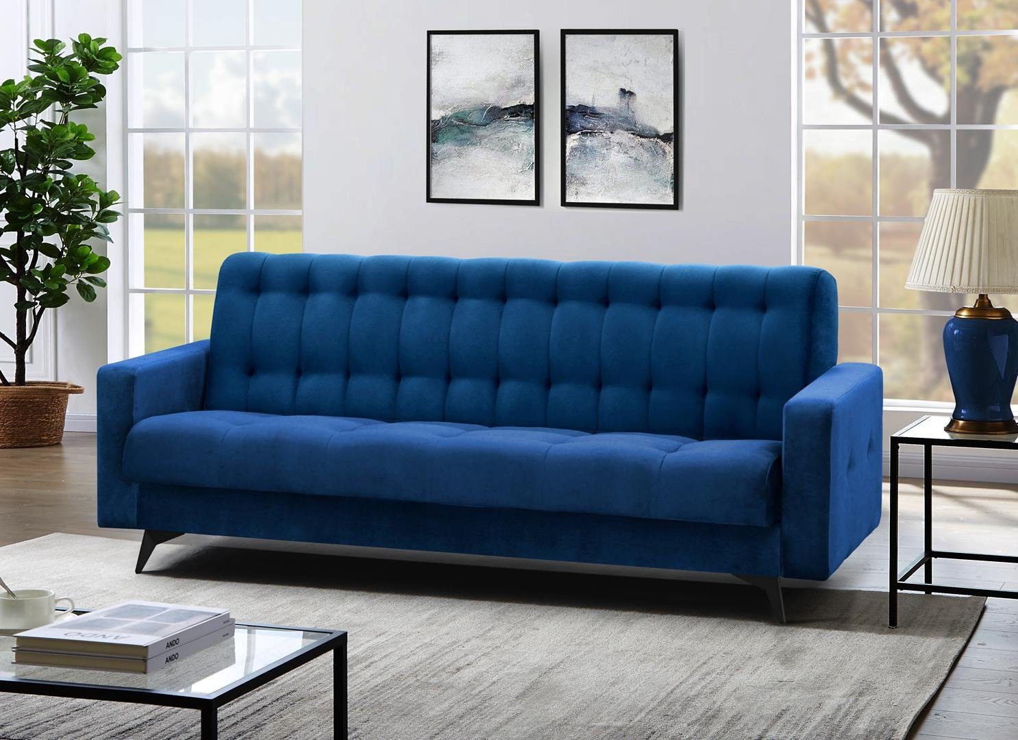 Sofa Wohnzimmer, Beautysofa Polstersofa Schlaffunktion, Velour, Couch GRETA Bettkasten, Marineblau Schlafsofa BIS, für