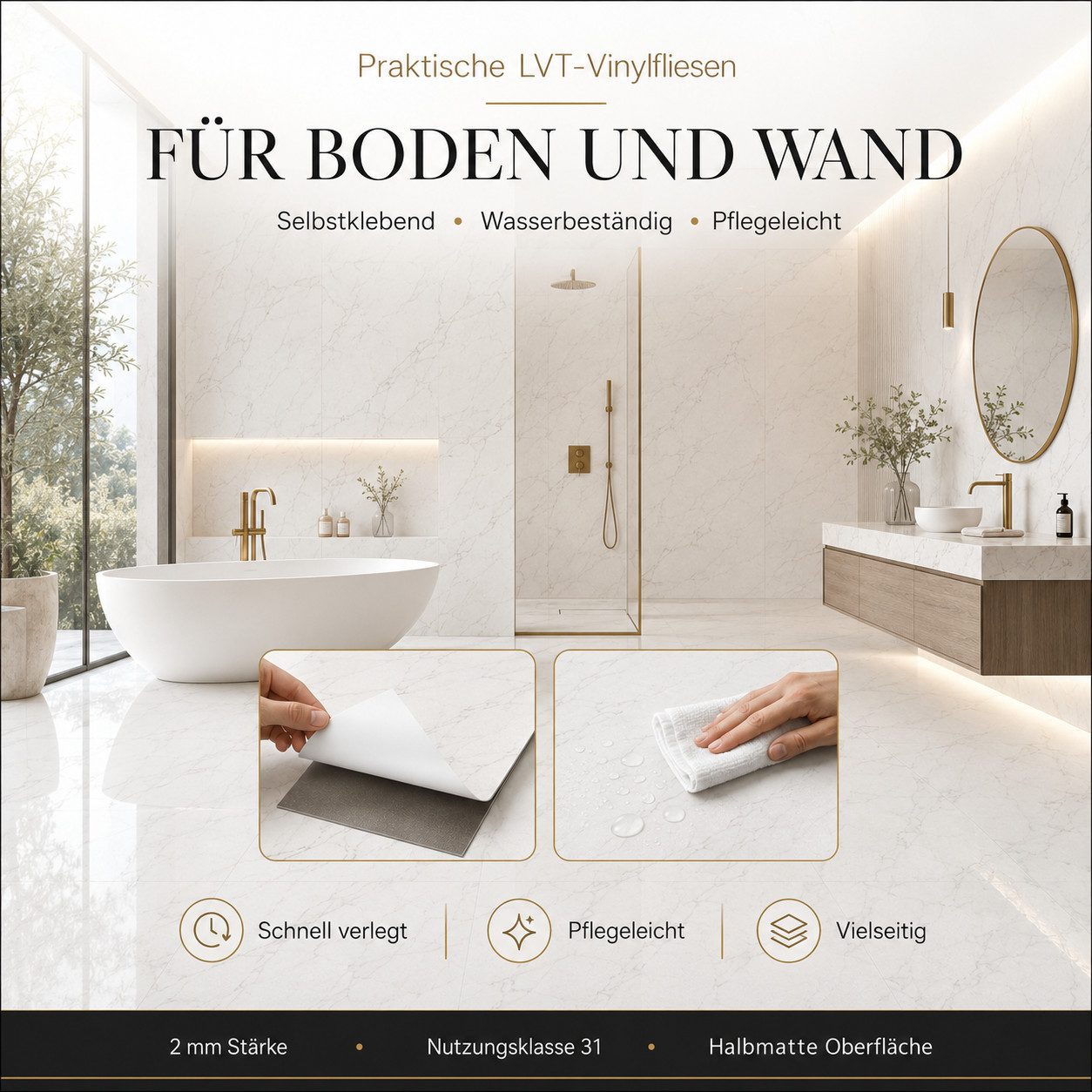 Berti Graf Designboden LVT Vinylboden selbstklebend 2 mm wasserfest in Marmor und Beton Optik, selbstklebend