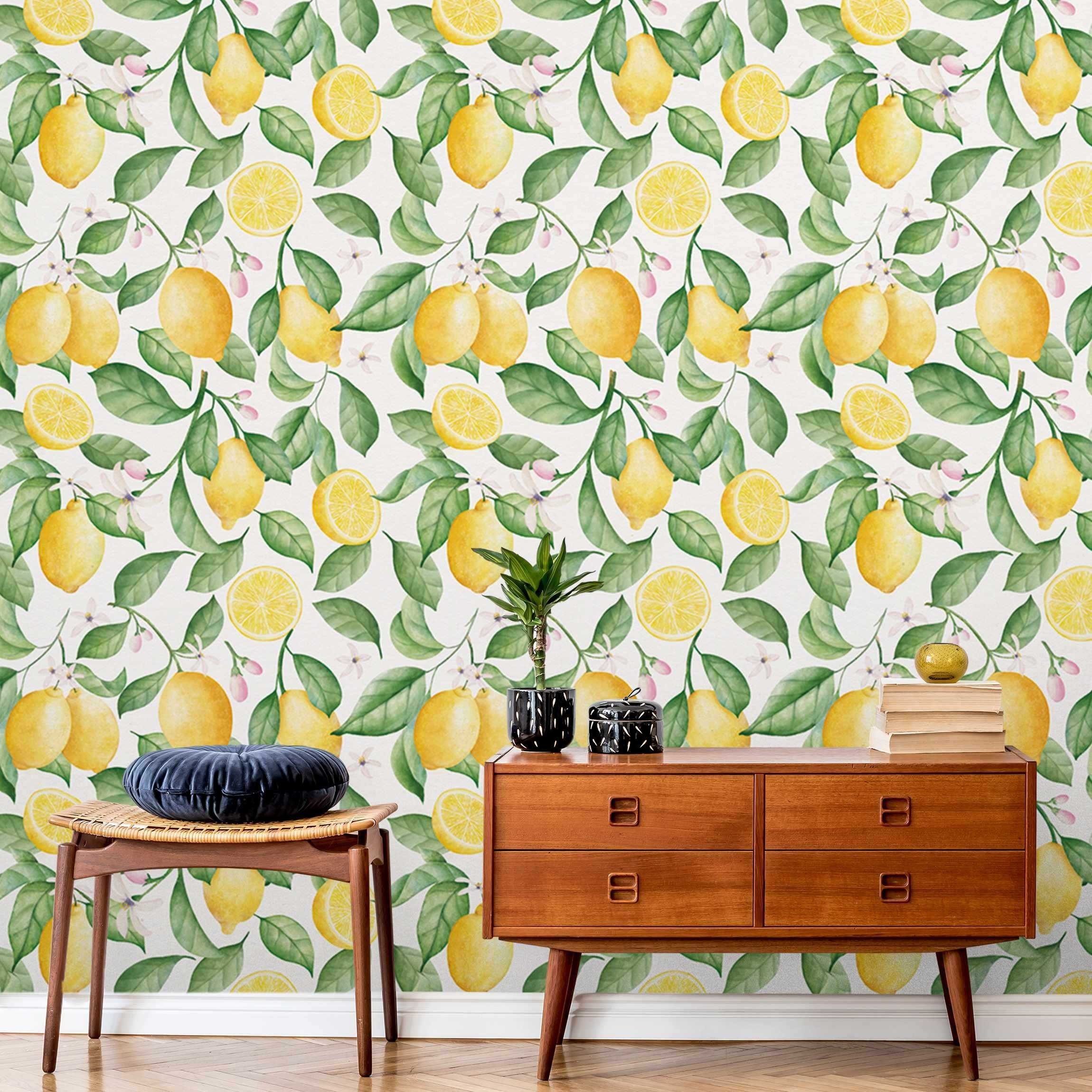 Bilderdepot24 Küchentapete Aquarell Zitronen Blüten Muster Obst, Glatt, Matt, (Vliestapete inkl. Kleister oder selbstklebend), Küche Esszimmer Bildtapete Fototapete Vliestapete Wandtapete