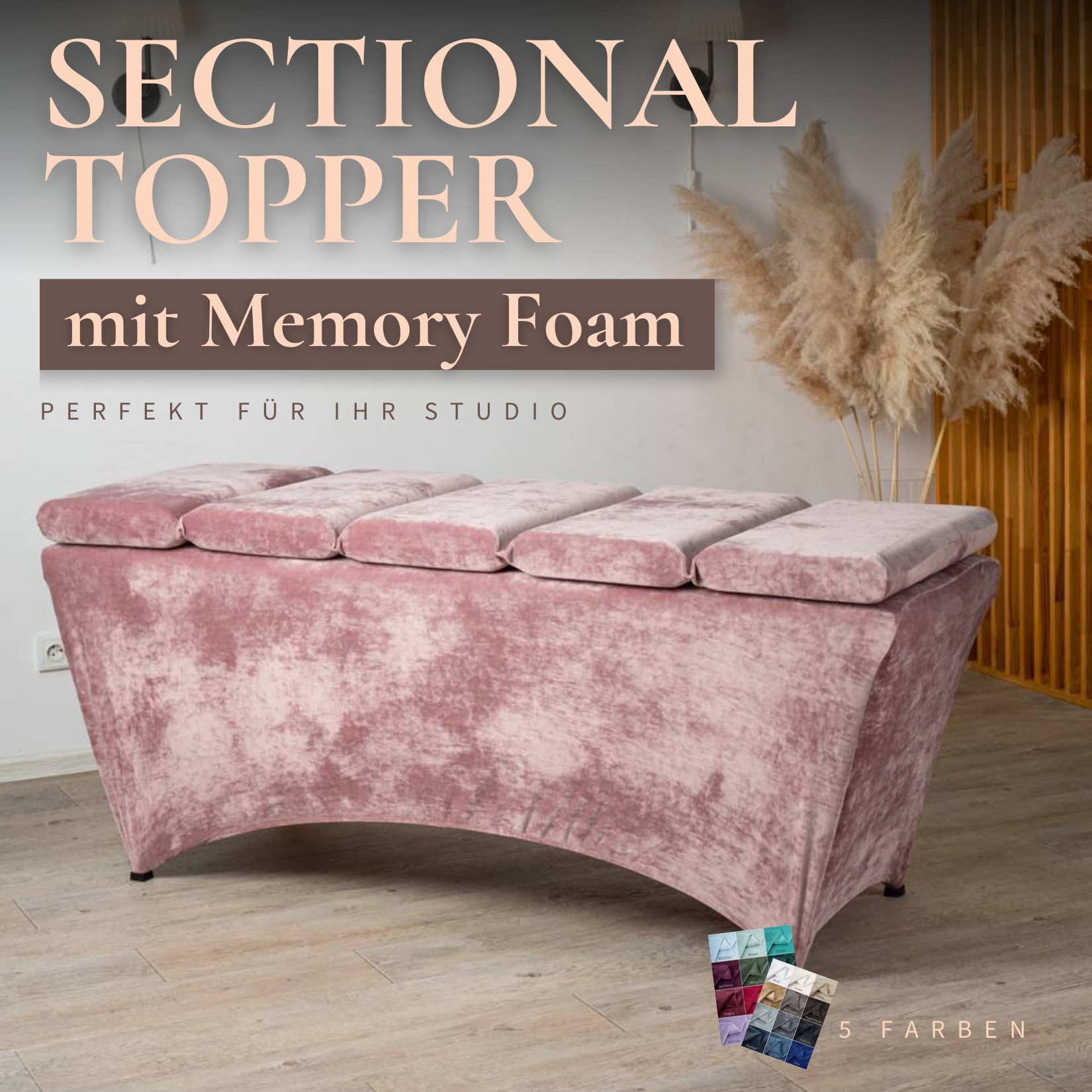 STM Company Massageliege 5-Teilige Matratze mit Memory Schaum für Massageliege, Kosmetikliege (180x60 / 190x70 cm, mit Veloursbezug), Sectional Topperfür Wimpernverlängerungen, PMU