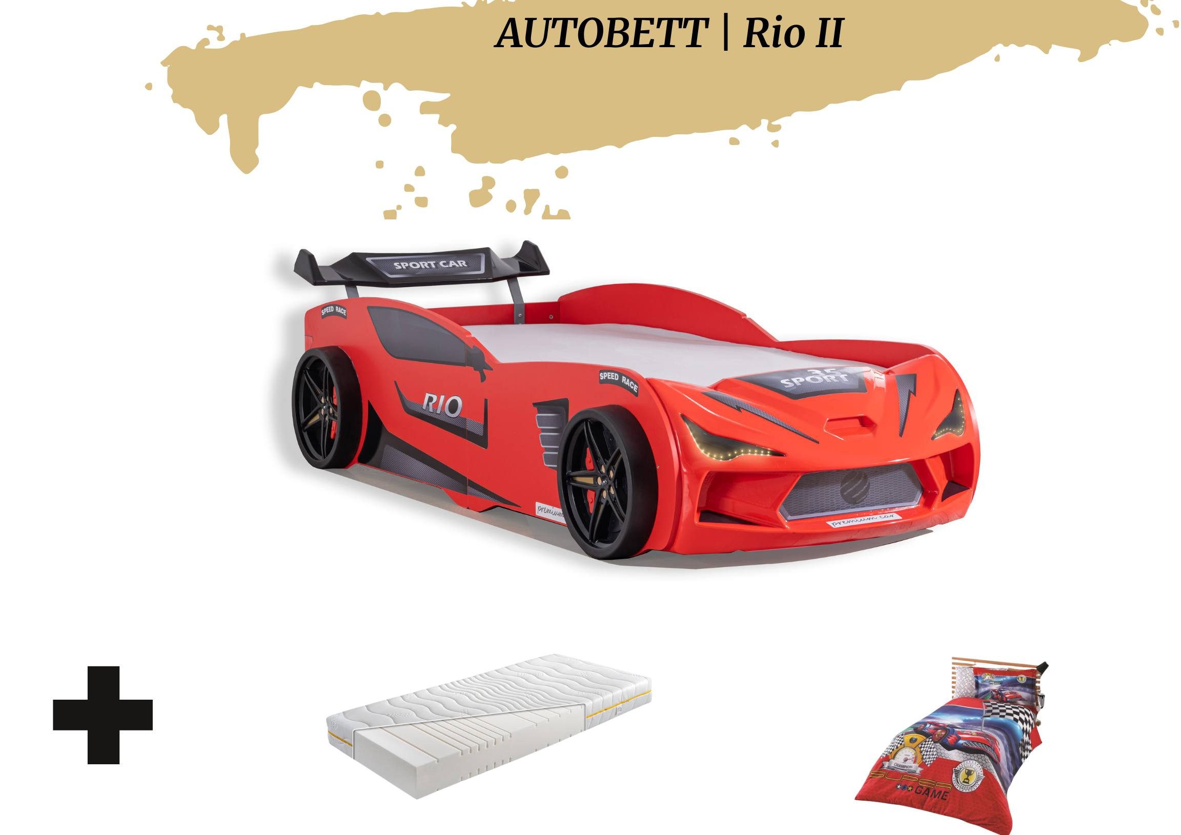 Aileenstore Autobett Rio II, Kinderbett 90 x 200 cm, inkl. Lattenrost, Heckspoiler LED-Beleuchtung