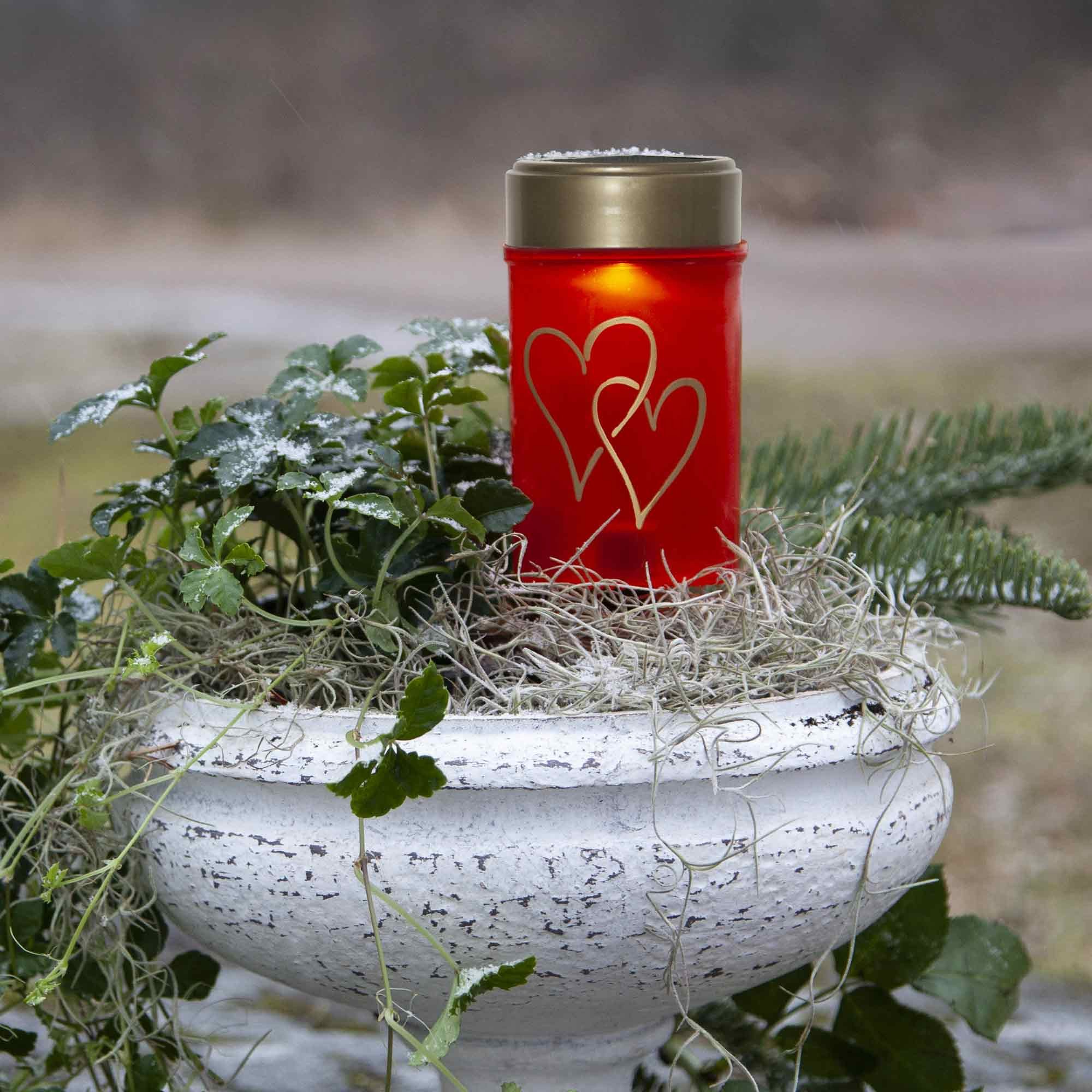 STAR TRADING Grabkerze Hearty (1-tlg), rot Solar 1 warmweiße LED Lichtsensor Erdspieß