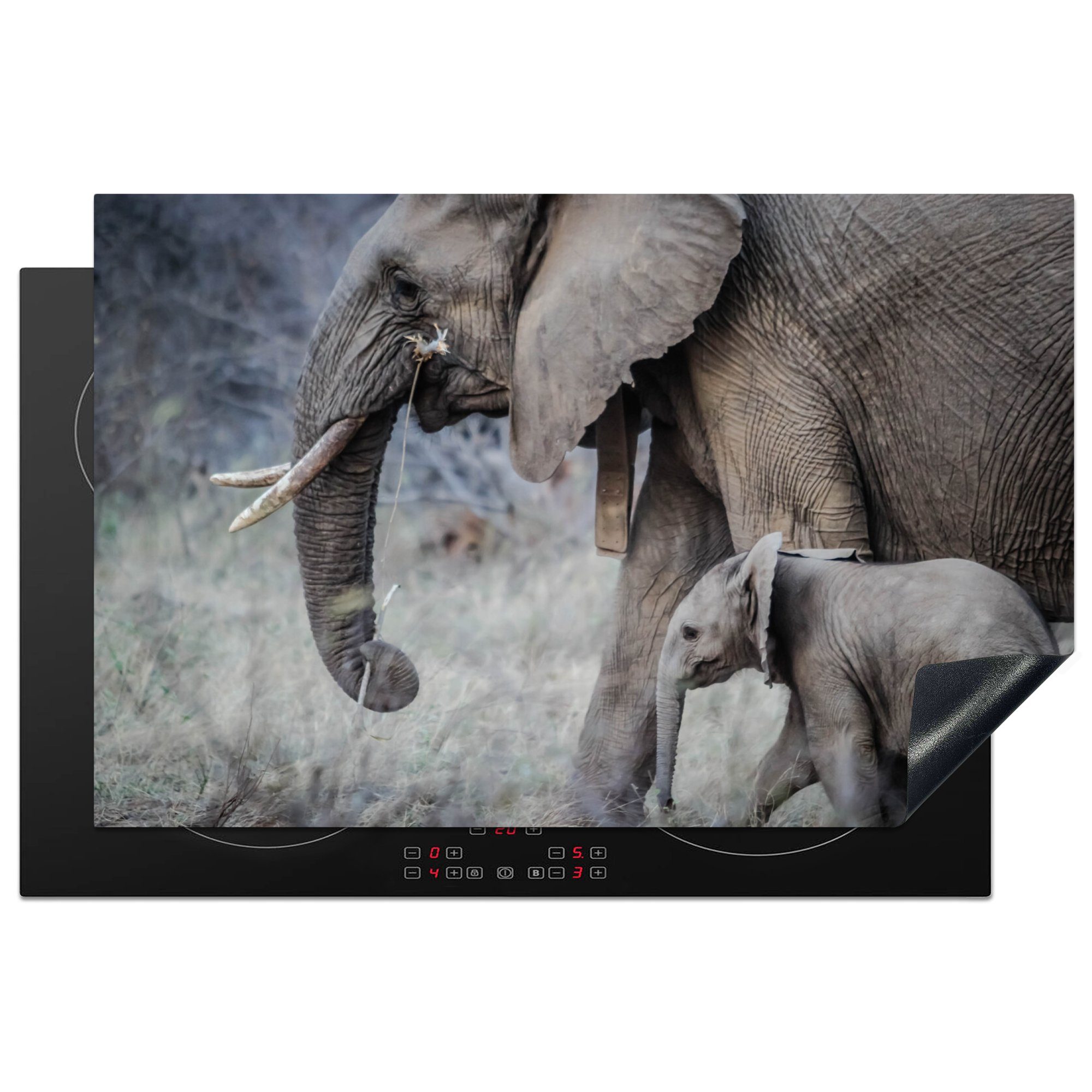 MuchoWow Herdblende-/Abdeckplatte Elefant - Kalb - die 81x52 Gras, (1 Induktionskochfeld Schutz Vinyl, küche, für cm, tlg), Ceranfeldabdeckung