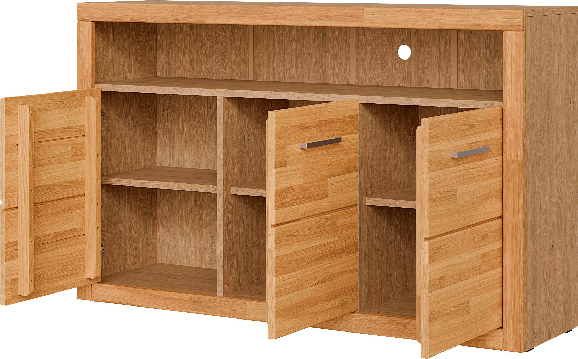 OTTO home Sideboard Ribe,130cm breit, Fronten Massivholz,7 Fächer, Holz massiv, Holzwerkstoff, Metall Griffe,3 Türen