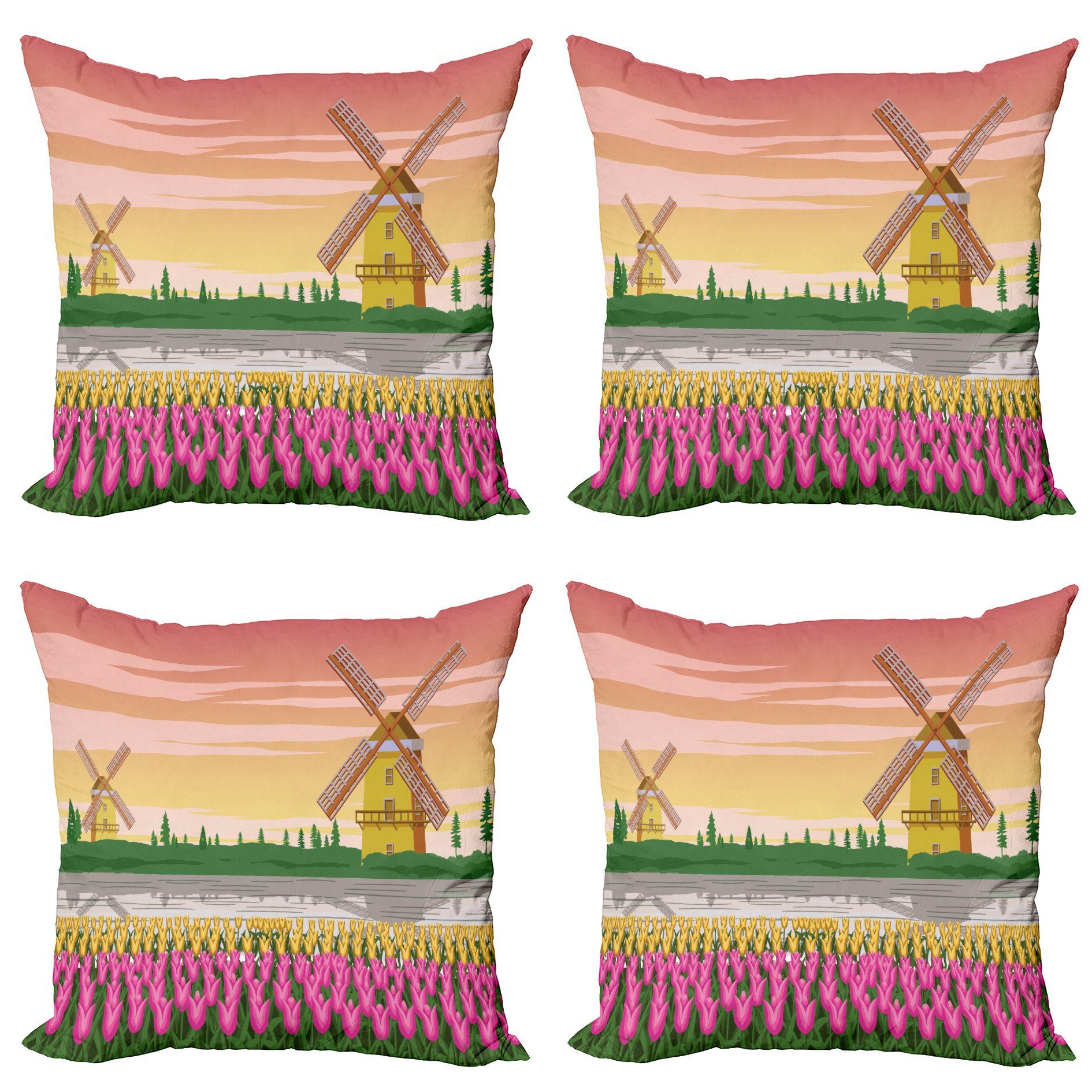Kissenbezüge Modern Accent Doppelseitiger Digitaldruck, Abakuhaus (4 Stück), Amsterdam Zweifarbige Tulpen Windmühlen