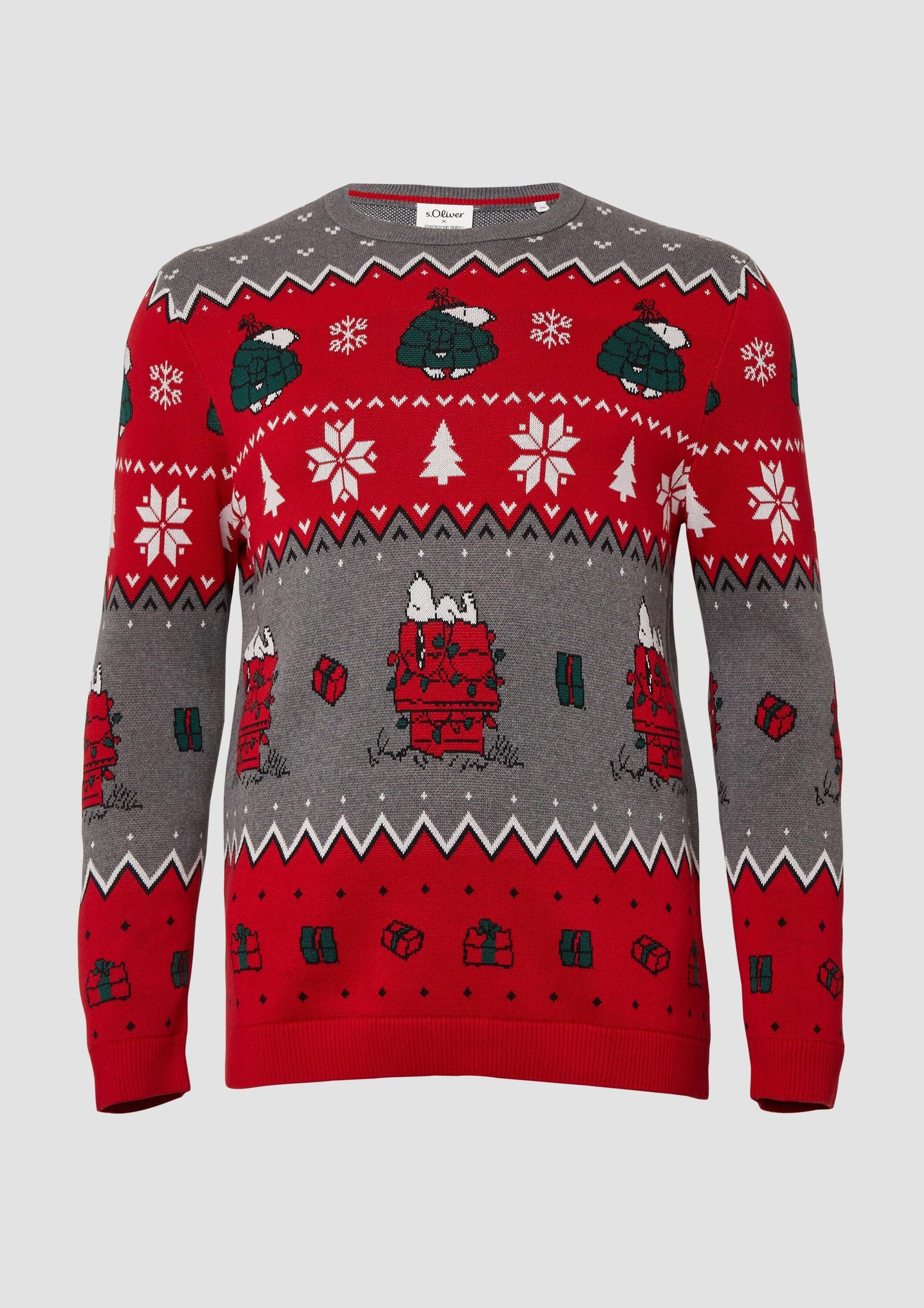 s.Oliver Longpullover Strickpullover Weihnachtspullover aus reiner Baumwolle mit Peanuts®-Motiv