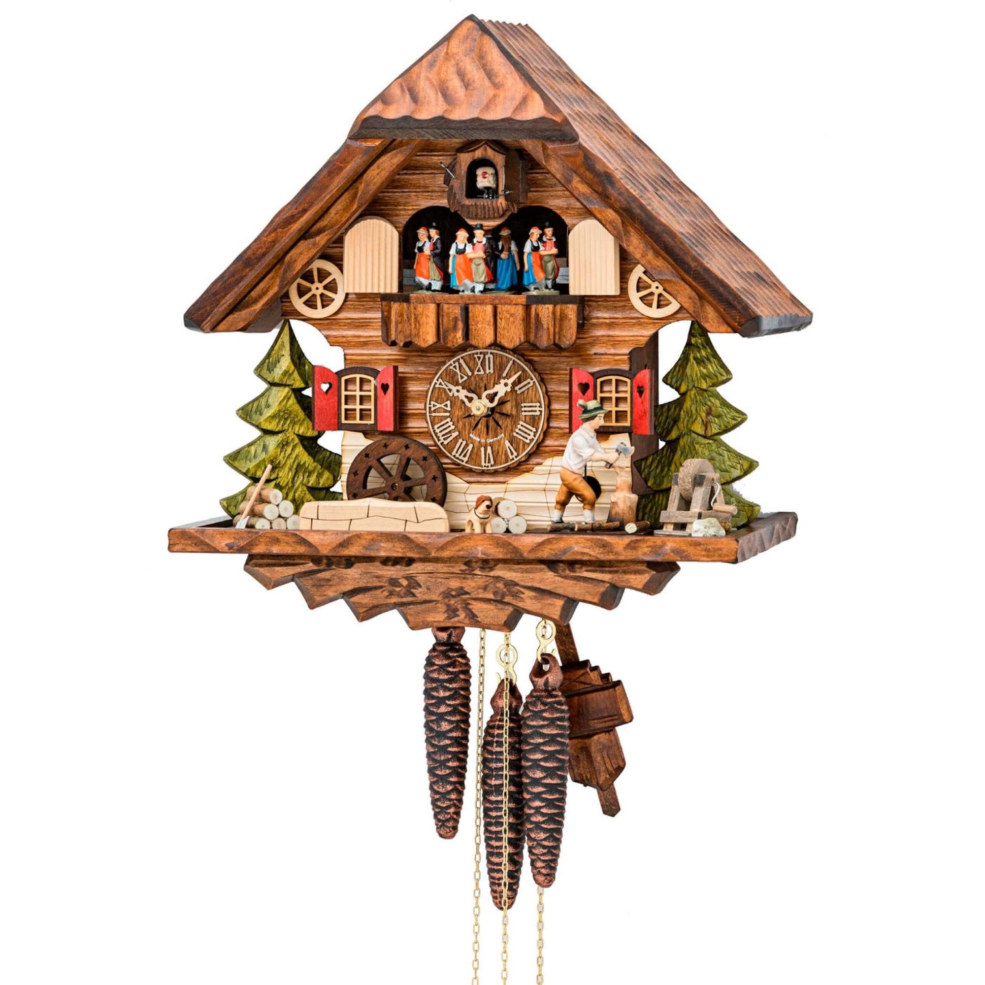 Cuco Clock Pendelwanduhr Kuckucksuhr Schwarzwalduhr "Holzhacker mit Bernhardiner" Wanduhr Holz (20 x 32 x 33cm, 1 - Tage Werk, manuelle Nachtabschaltung)