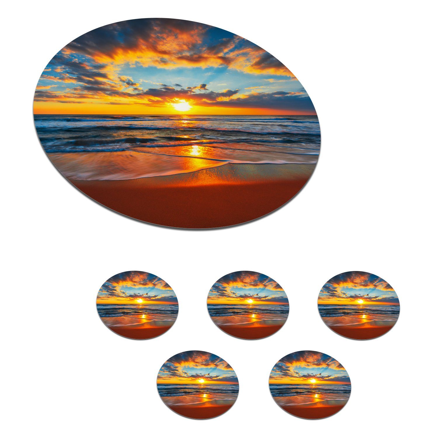 MuchoWow Glasuntersetzer Meer - Sonnenuntergang - Strand - Wolken - Orange, Zubehör für Gläser, 6-tlg., Getränkeuntersetzer, Tassenuntersetzer, Korkuntersetzer, Tasse, Becher