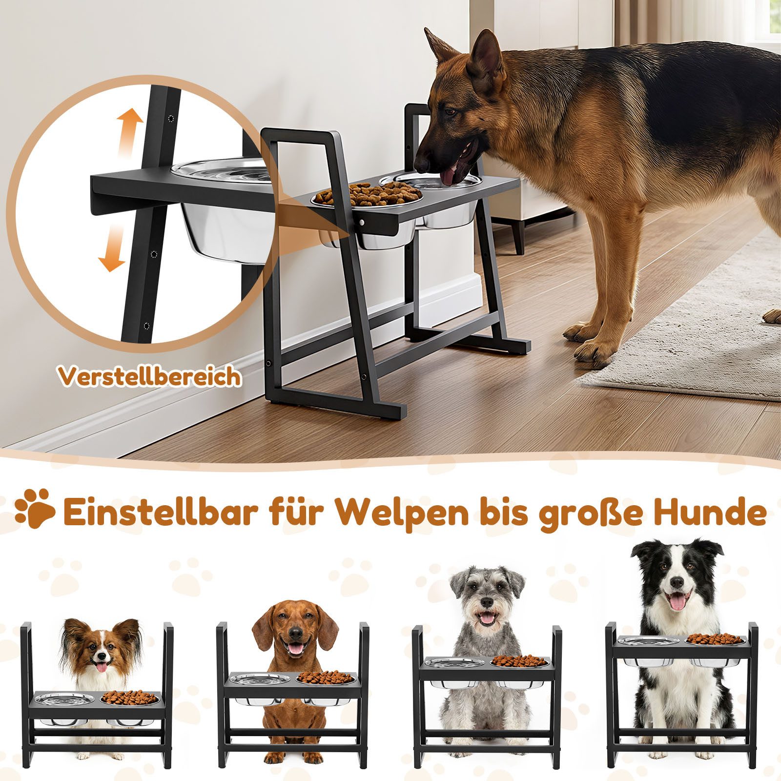 Yorbay Futternapf Hundenapf-Ständer höhenverstellbar, Edelstahl, 4-fach verstellbar, sicherer Stand, schwarz, 2X 1200ml Edelstahlnäpfen