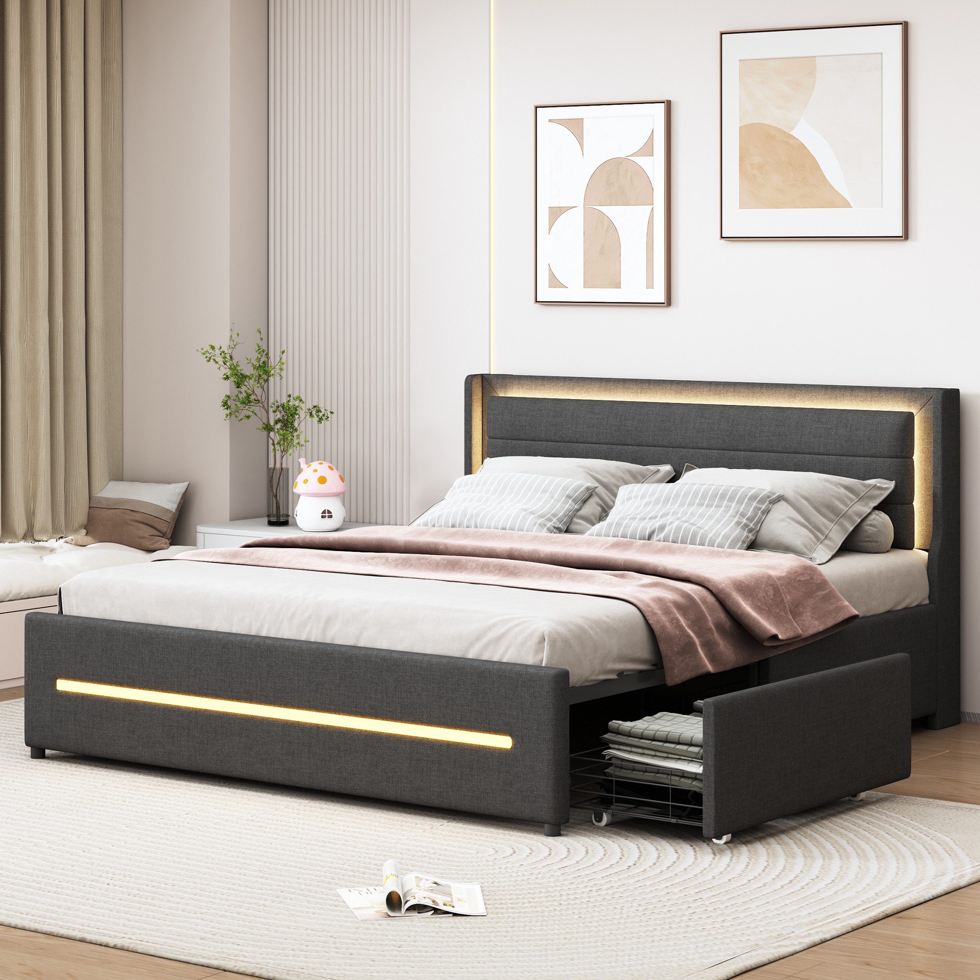 Flieks Polsterbett, LED Beleuchtung Doppelbett 160x200cm Leinenstoff mit 4 günstig online kaufen