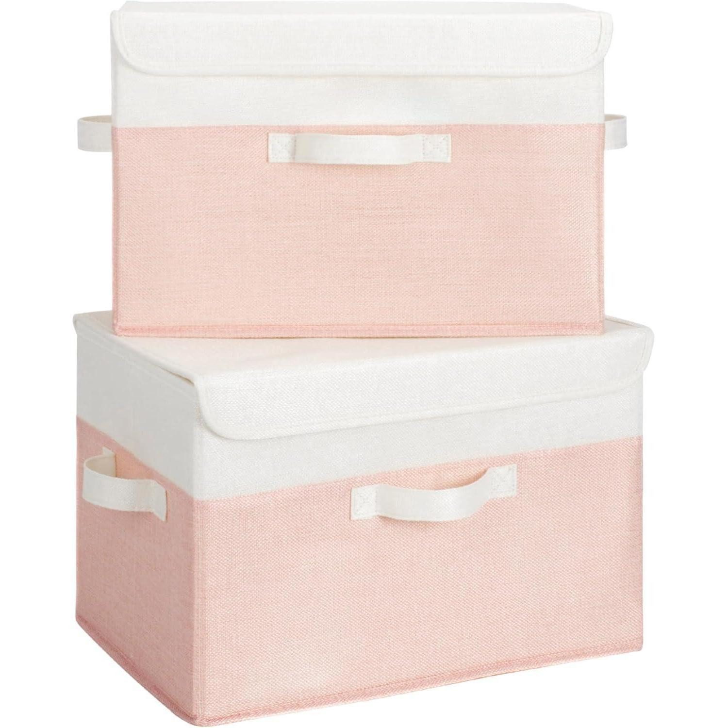 LuxusKollektion Faltbox Aufbewahrungsboxen Stoff Deckel 2er Faltboxen Groß Weiß-rosa