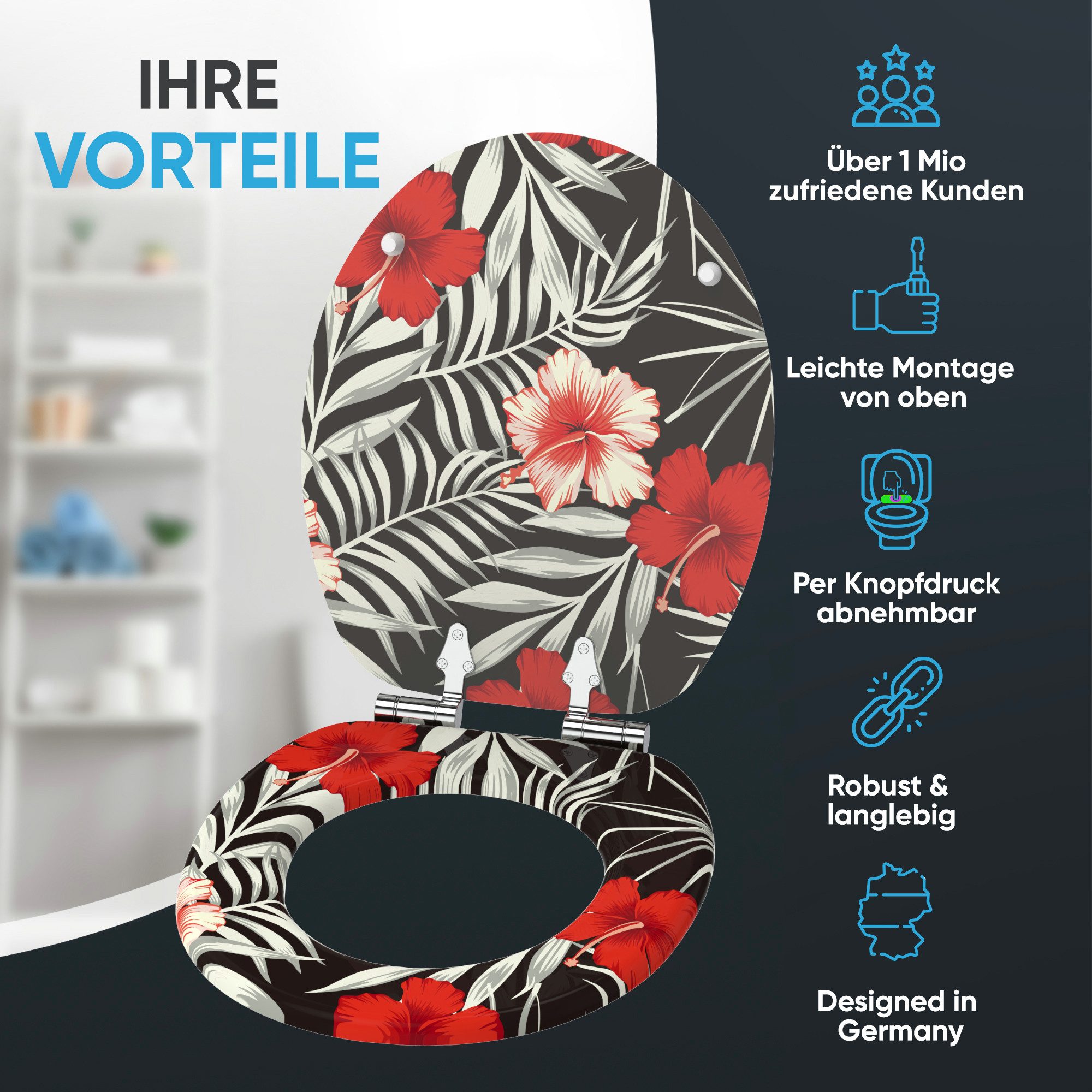 Sanilo WC-Sitz Hibisca mit Absenkautomatik, Toilettendeckel direkt vom Hersteller, hochwertig & modern mit Motiv, universell, leichte Montage