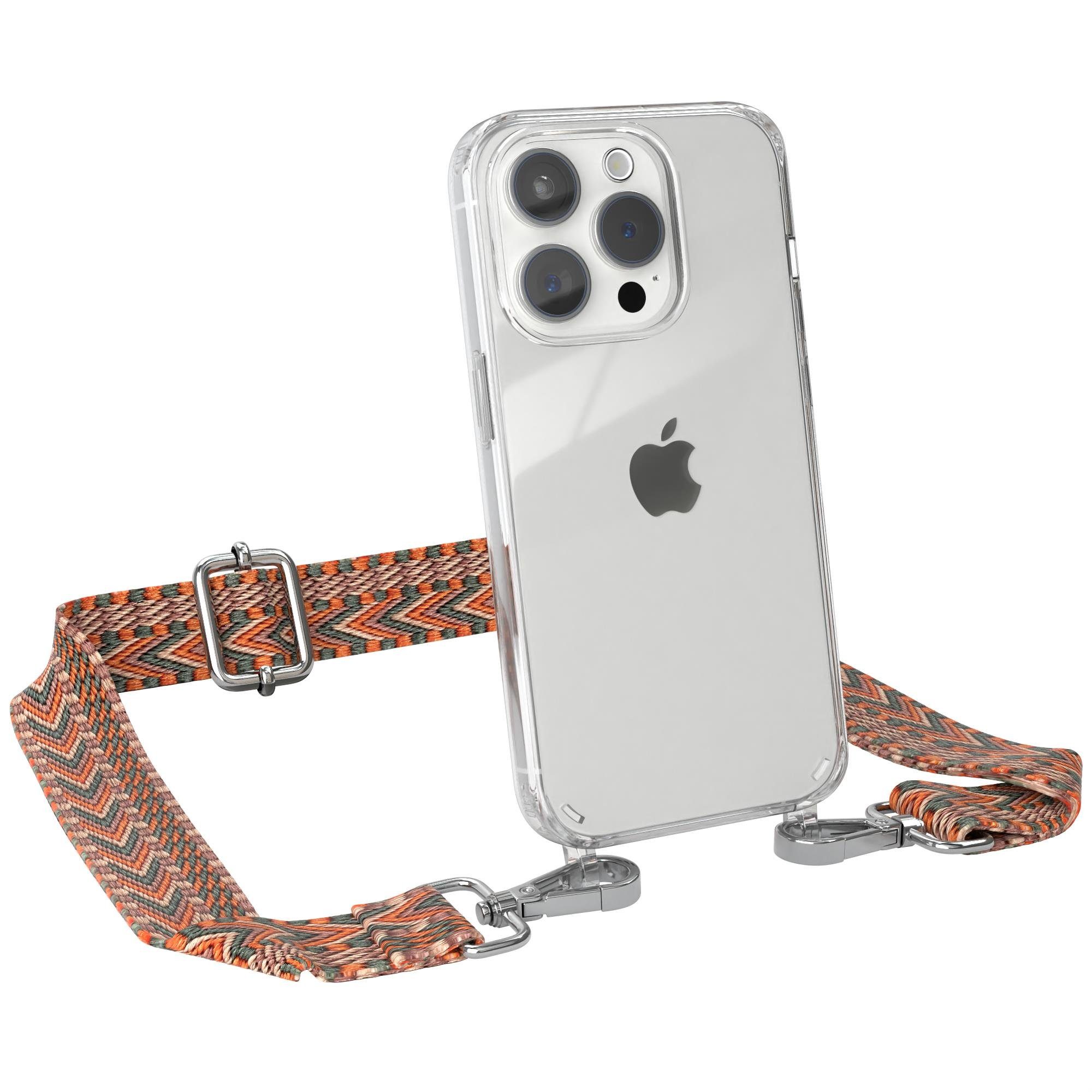 EAZY CASE Handykette Silikonhülle mit Kette für Apple iPhone 15 Pro 6,1 Zoll, schmaler Gürtel Kordel transparenter Silikonhülle Umhängetasche Orange