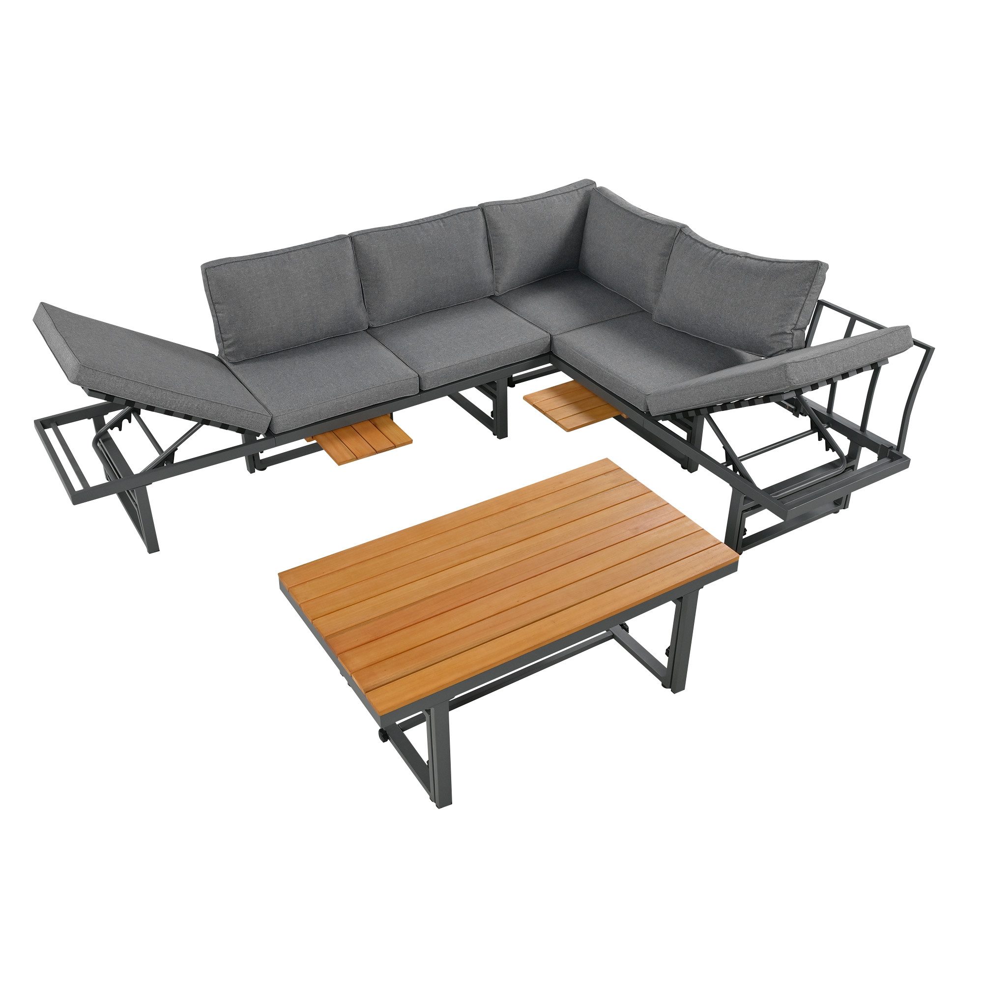 IDEASY Gartenlounge-Set Gartenmöbel-Set Grau 3-tlg. Set, Inkl. Sitzkissen & Kissen, (Gartenmöbel für Terrasse, Balkon oder Garten), Eisengestell & Akazienholz, Verstellbare Rückenlehne & Tisch