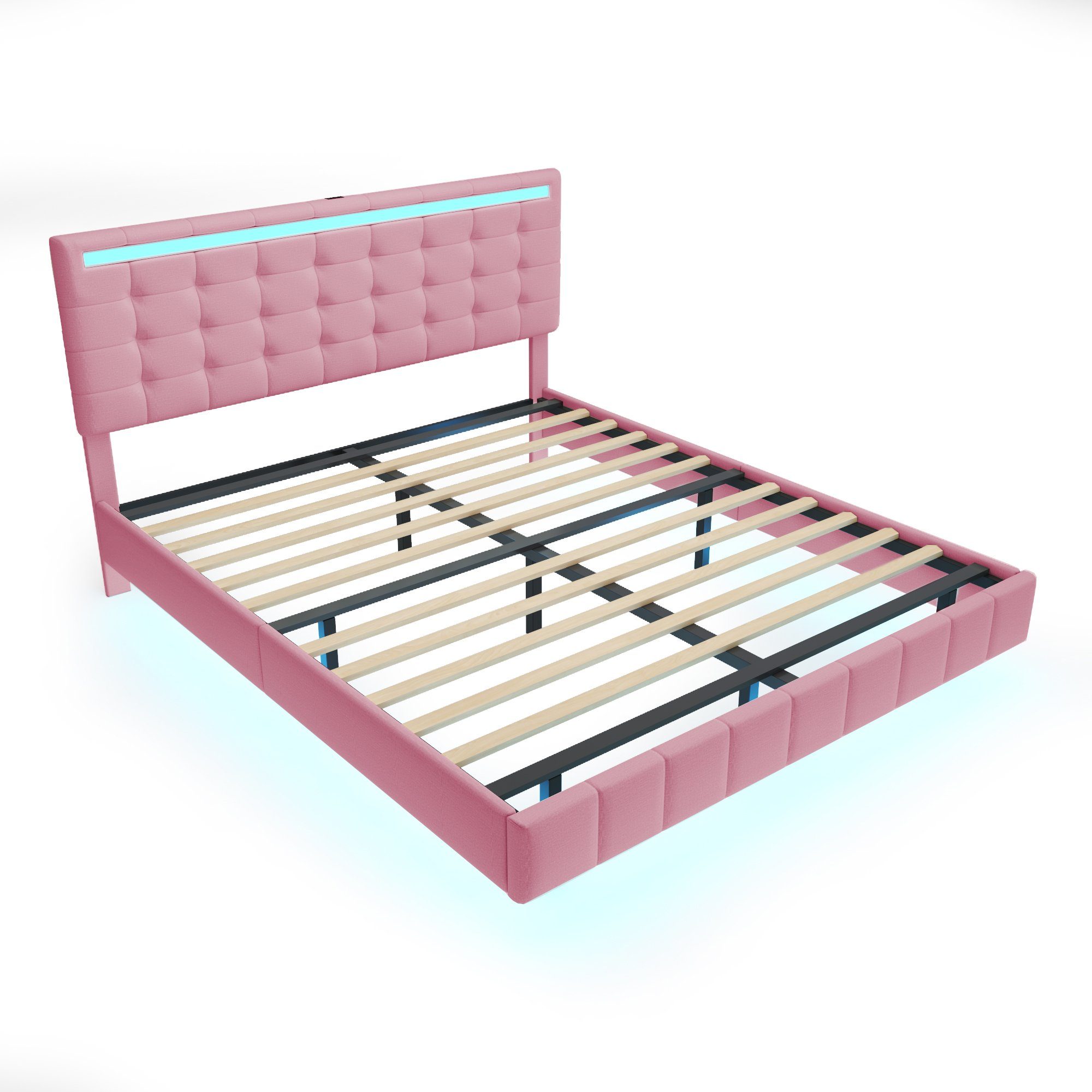 Polsterbett (LED Doppelbett), mit USB Ladefunktion und höhenverstellbarem Kopfteil 160x200cm, Leinen