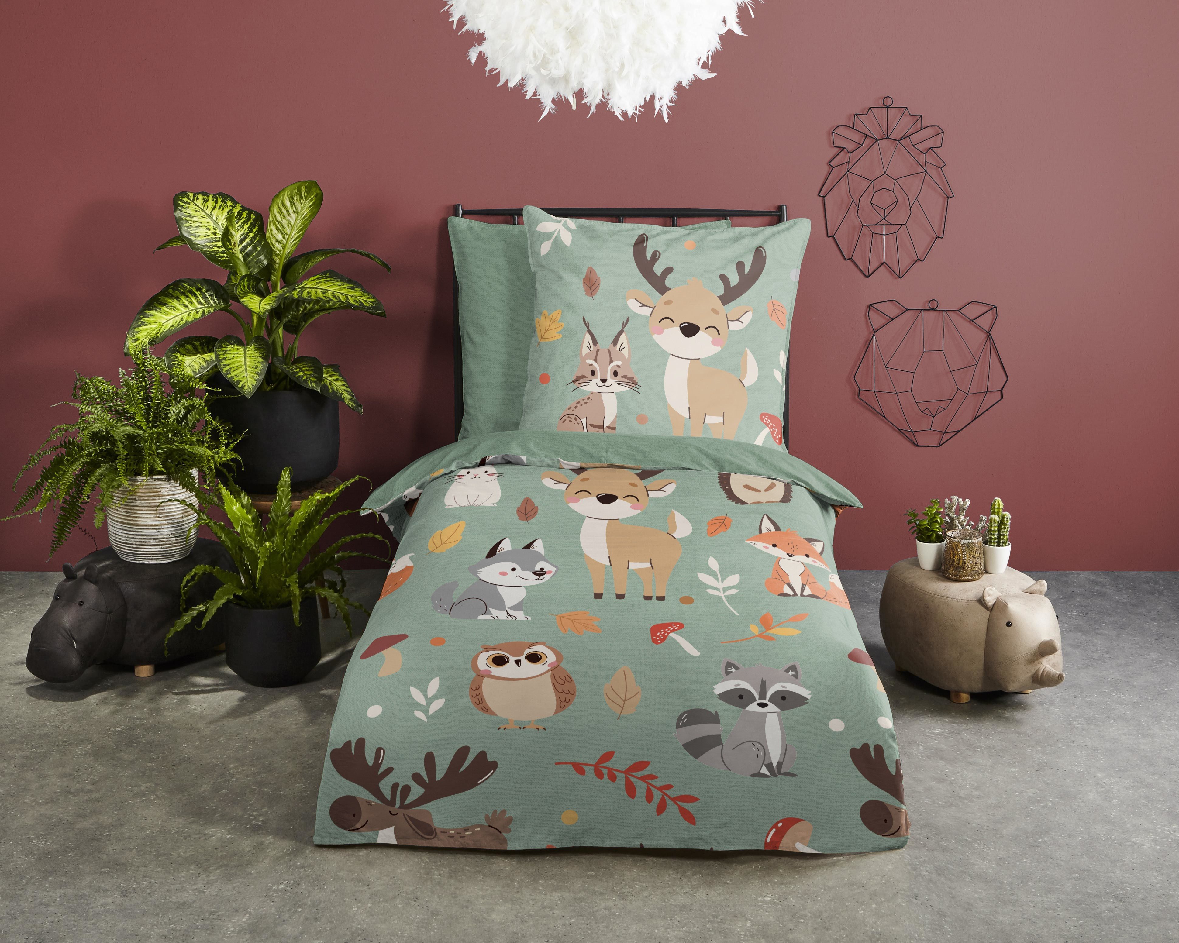 good morning Kinderbettwäsche Ville, Renforcé, 2 teilig, Baumwolle, Renforcé, Wendeoptik, Kind, Herbst, Tiere