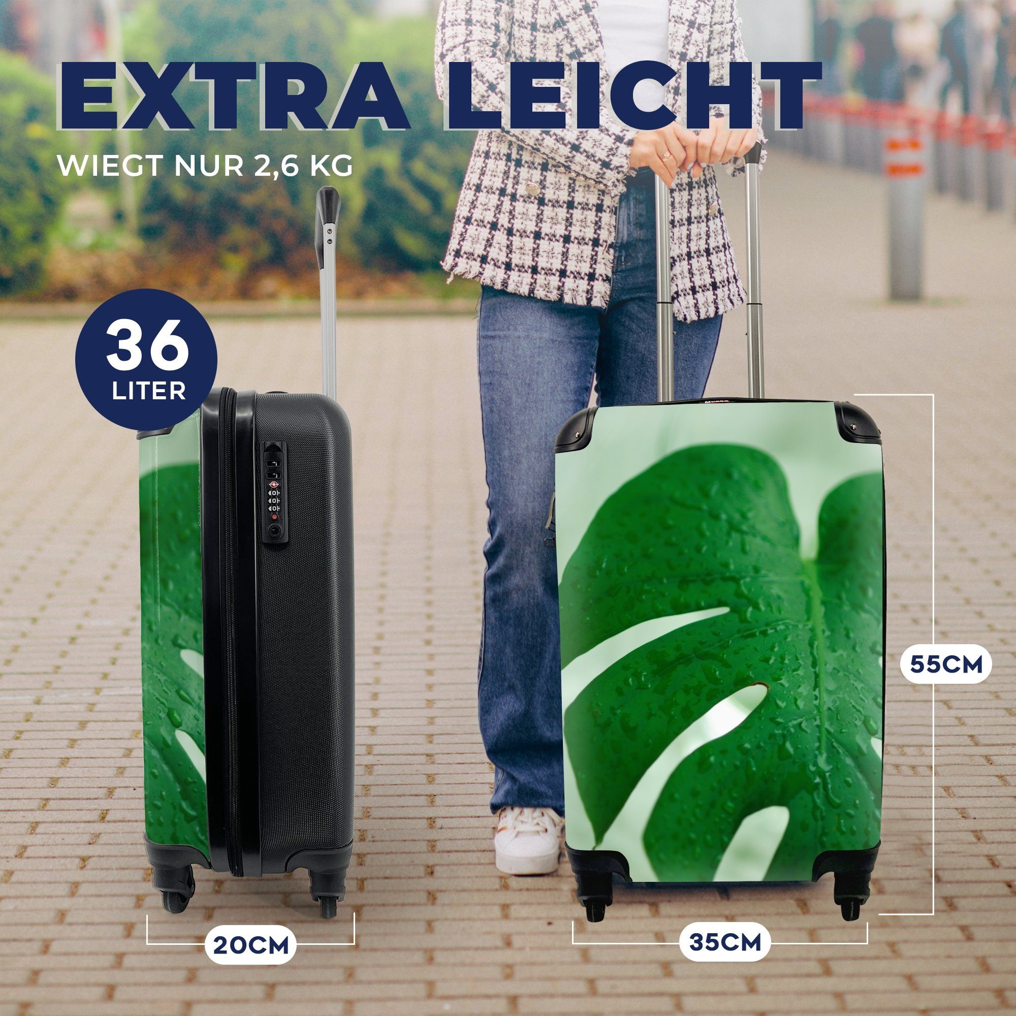 MuchoWow Tröpfchen Trolley, auf mit Handgepäckkoffer Käsepflanze (Monstera, Handgepäck der Blatt Reisekoffer für Ferien, rollen, Rollen, einem Reisetasche von Nahaufnahme 4