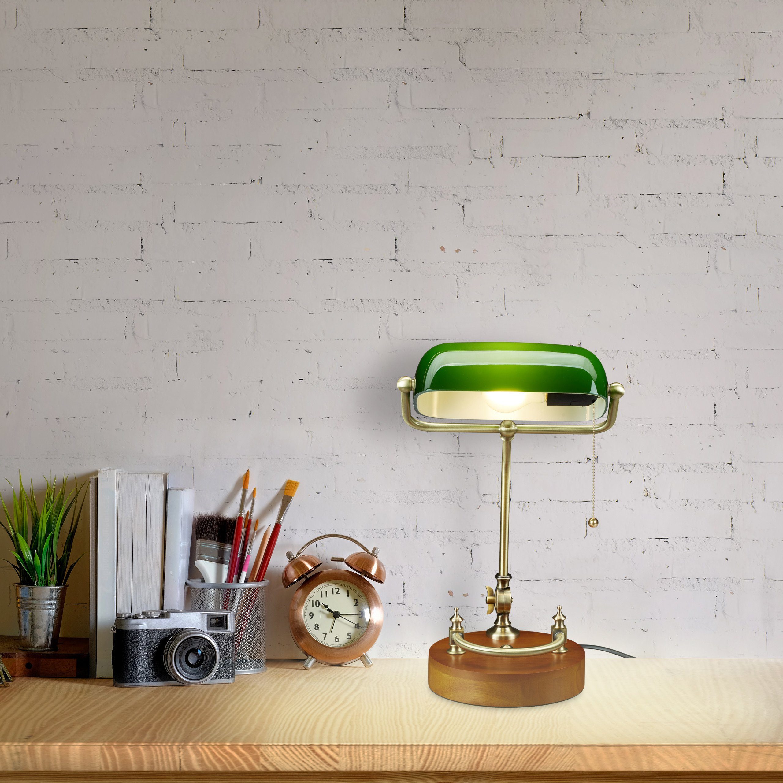 relaxdays Tischleuchte Bankerlampe mit Zugschalter, E27-Fassung, max. 40 W, Leuchtmittel nicht enthalten, Grün – Bild 3 von 5