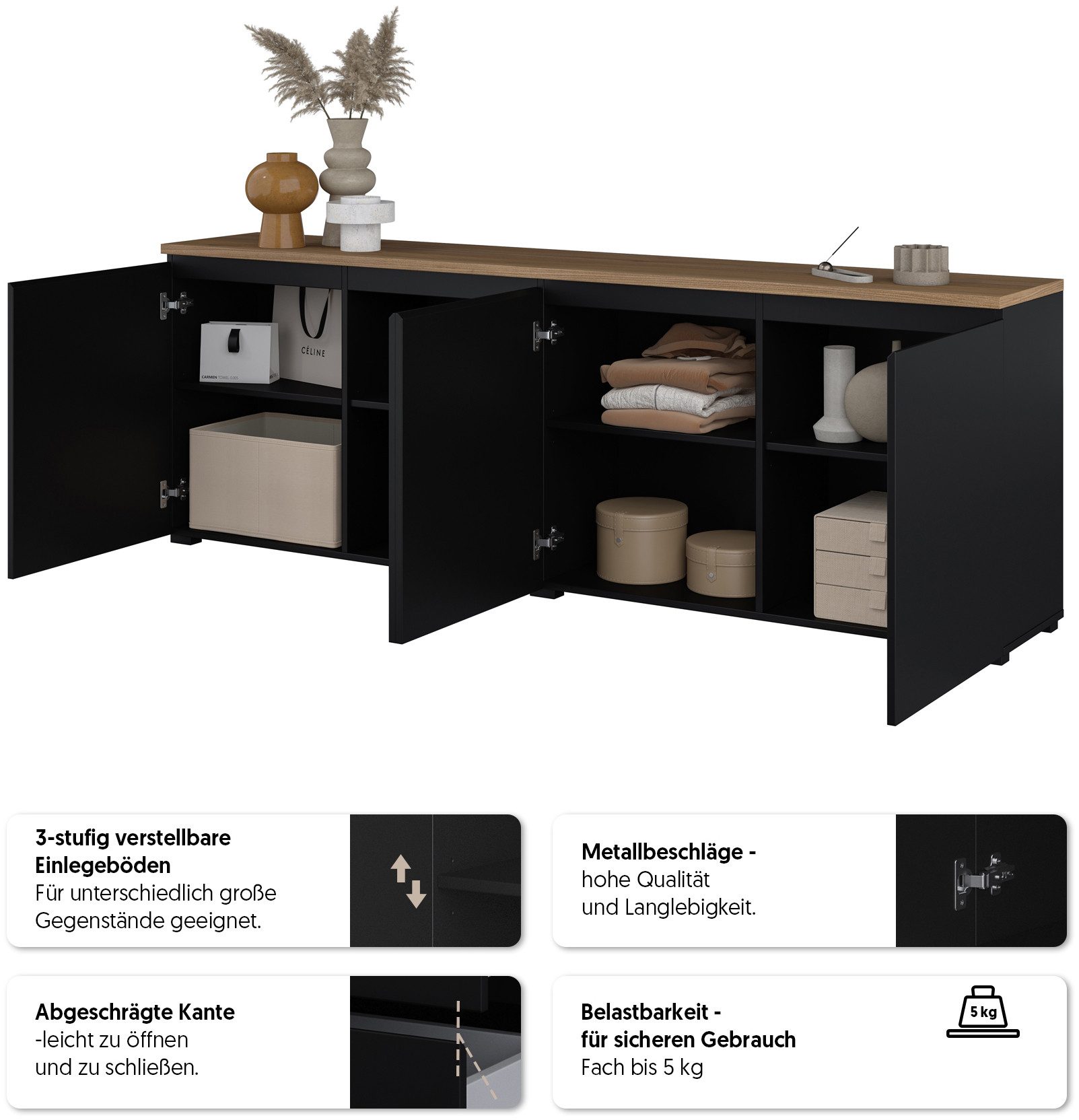 OTTO home Sideboard Modo, Breite 200 cm, moderne grifflose Kommode 4Türen, Anrichte mit viel Stauraum, Einlegeböden verstellbar