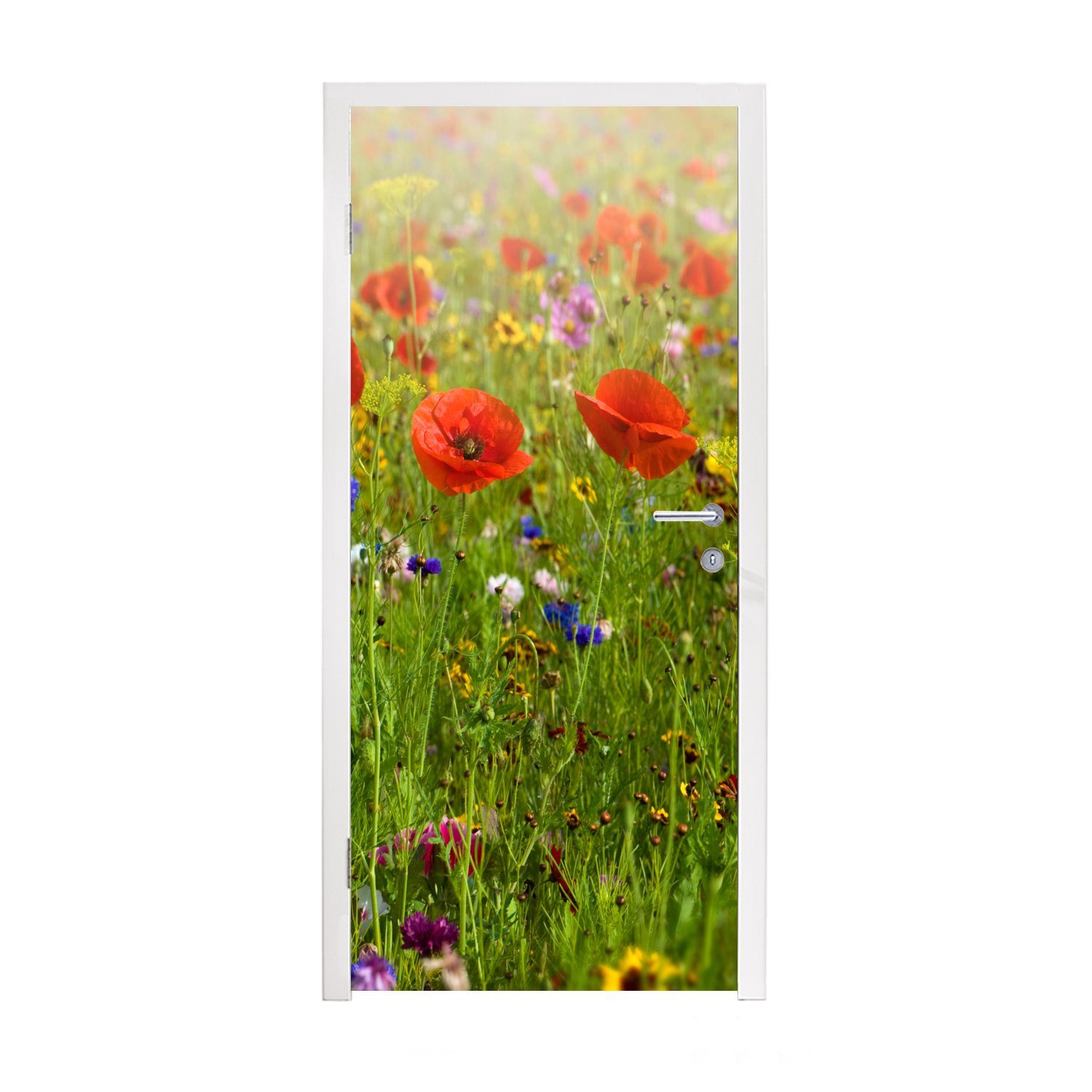 MuchoWow Türtapete Frühling - Blumen - Rot - Mohn - Gras - Grün, Matt, bedruckt, (1 St), Fototapete für Tür, Türaufkleber, 75x205 cm