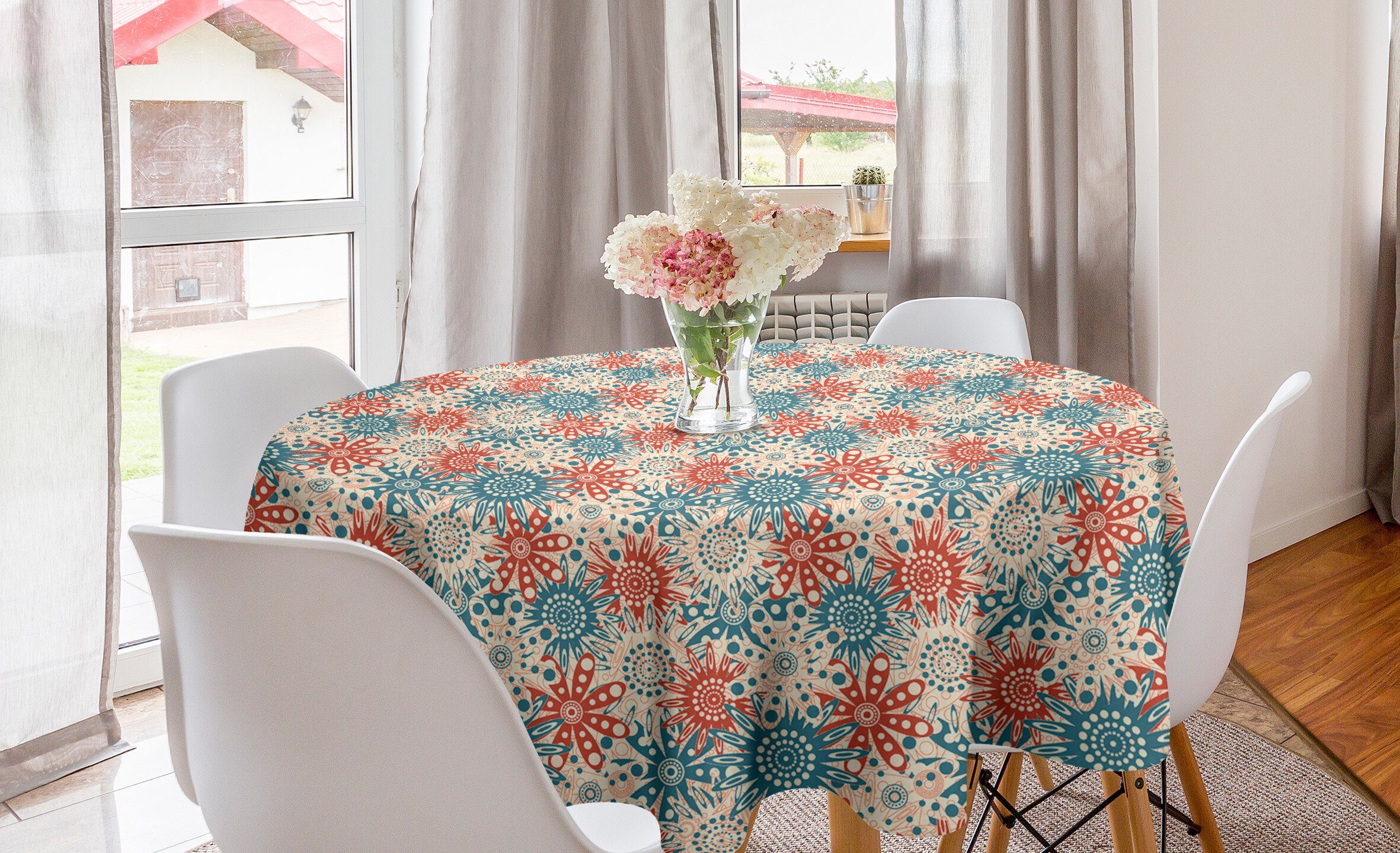 Abakuhaus Tischdecke Kreis Tischdecke Abdeckung für Esszimmer Küche Dekoration, Rot und Blau Hippie-Blumenkunst