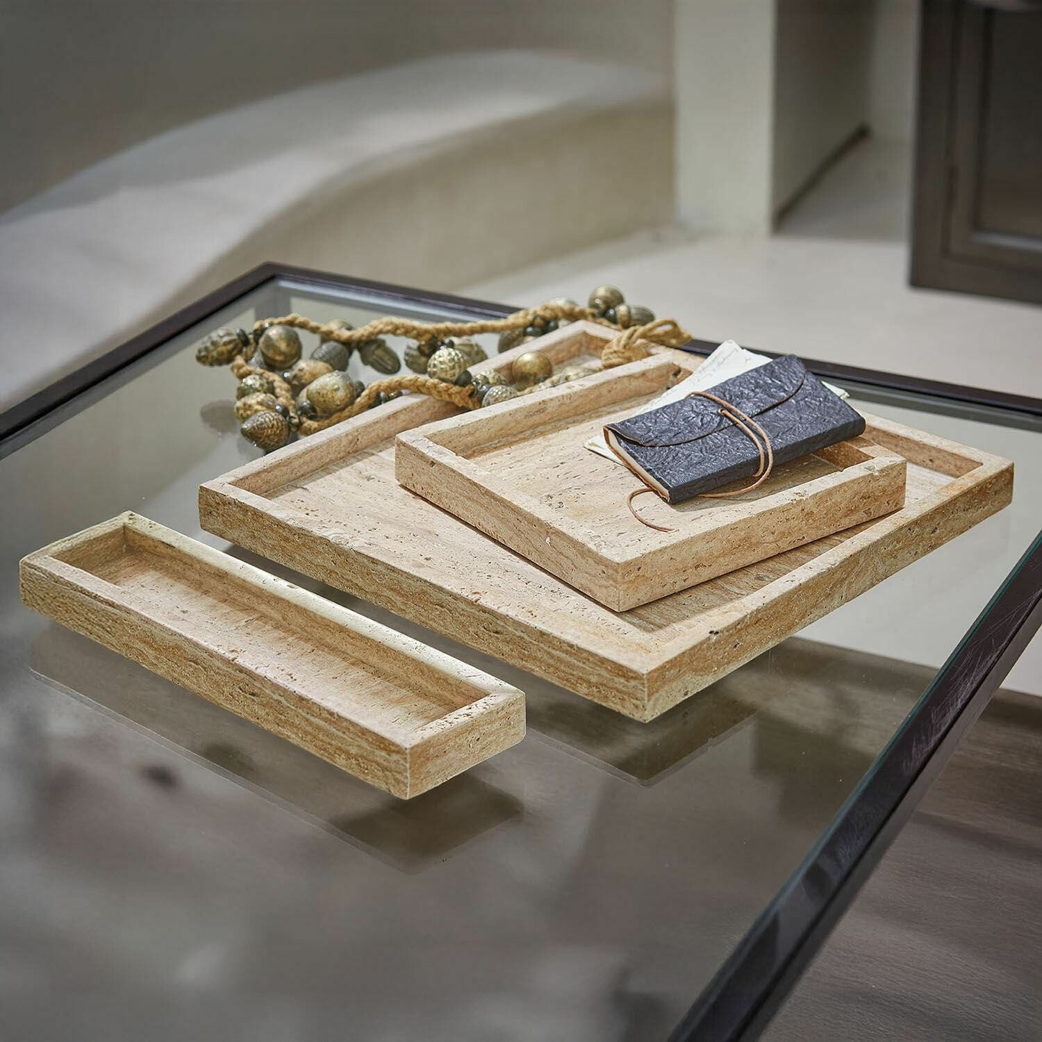 Mirabeau Tablett Tablett 3er Set Tavone beige, Travertin