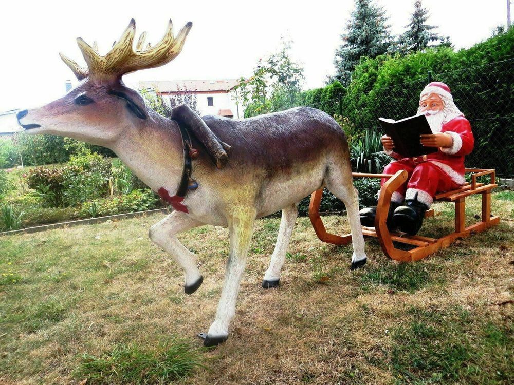Weihnachtsfigur XXL Rentier+Schlitten+Weihnachtsmann lebensgross ca. 2,80m lang