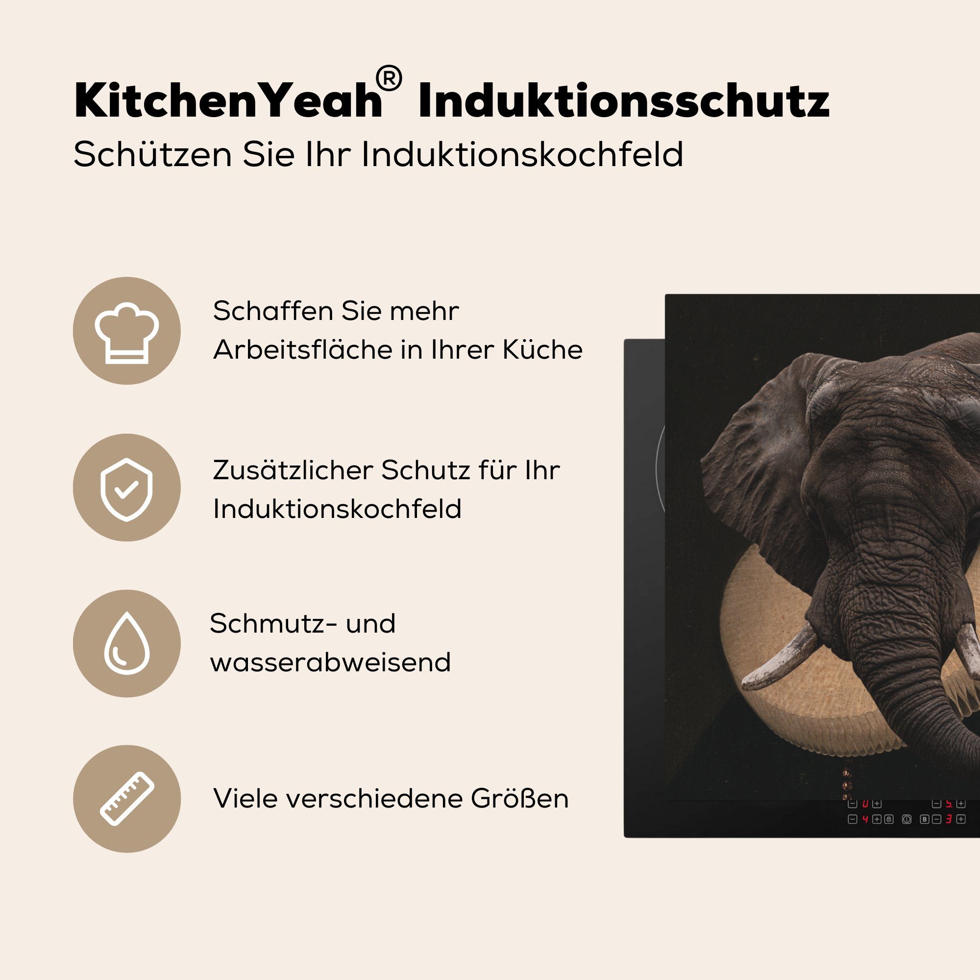 küche MuchoWow - cm, tlg), 78x78 Ceranfeldabdeckung, - Herdblende-/Abdeckplatte Elefant Kleidung, (1 für Arbeitsplatte Vinyl, Porträt
