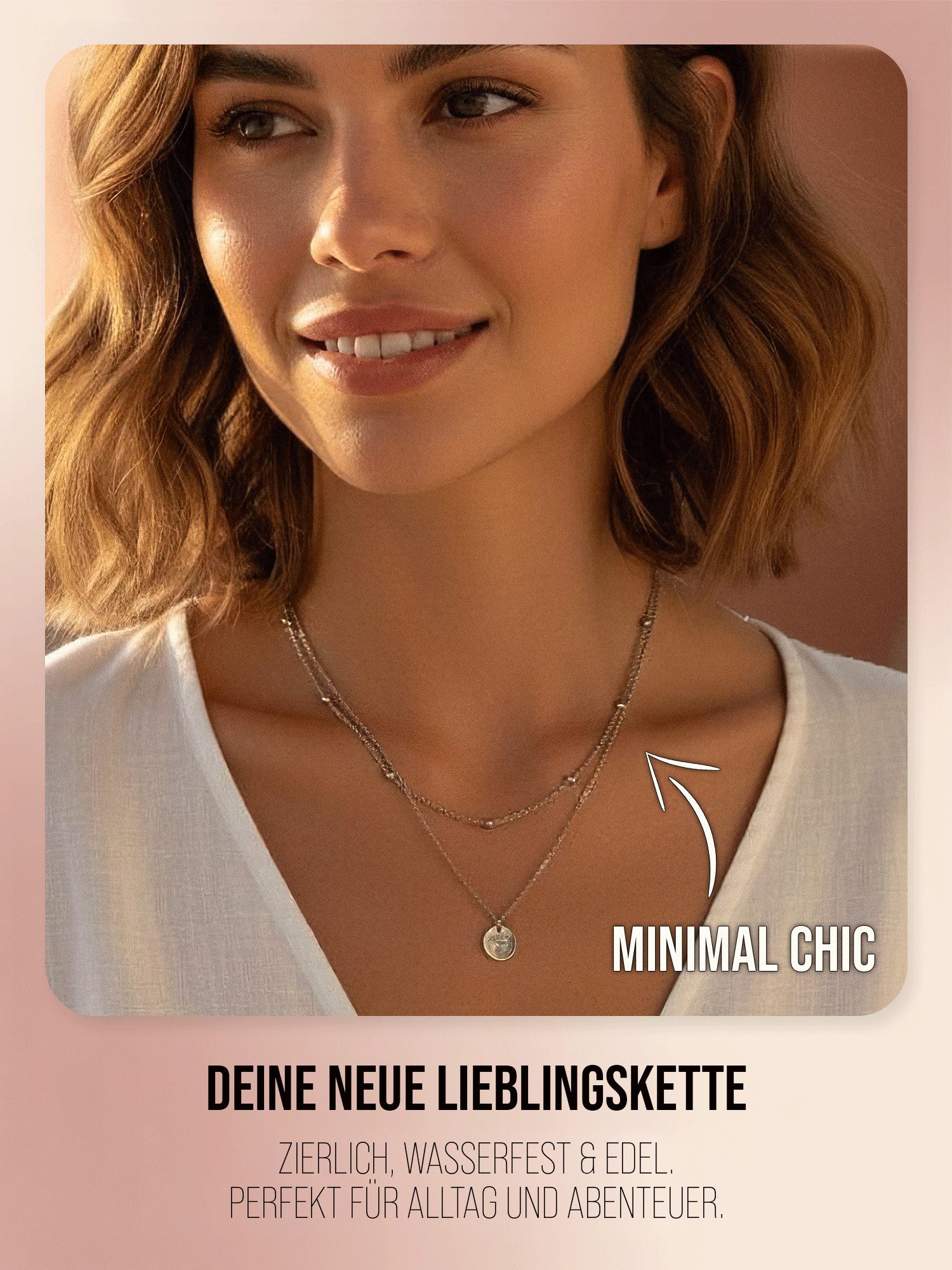 THIORA Ketten-Set Halskette „Palma Disc“, Doppelreihig, Layering, Edelstahl, 37–42 cm, zweireihig, mit Plättchen-Anhänger, wasserfest, hypoallergen