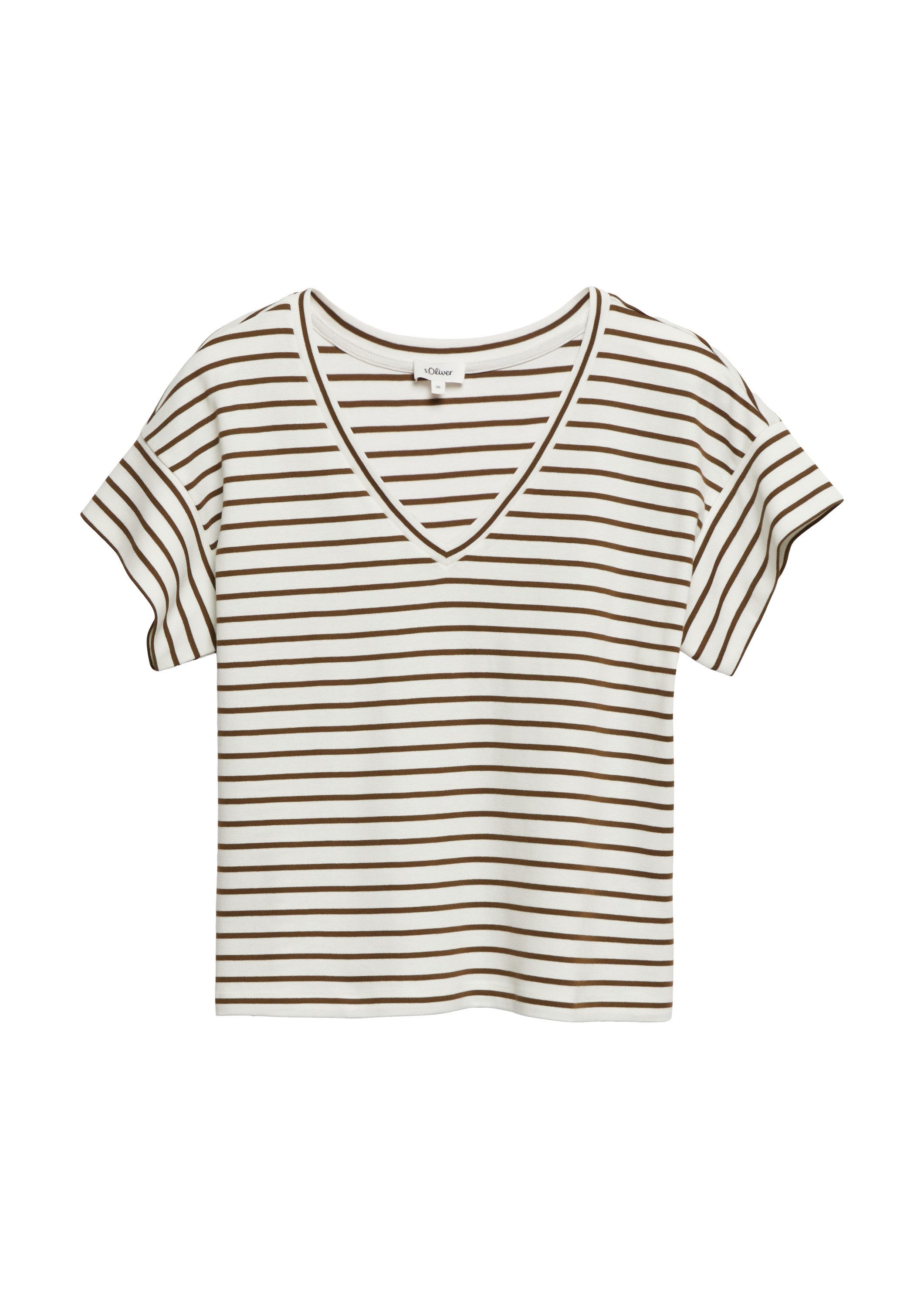 s.Oliver Kurzarmshirt T-Shirt Gestreiftes Jersey-T-Shirt mit V-Ausschnitt