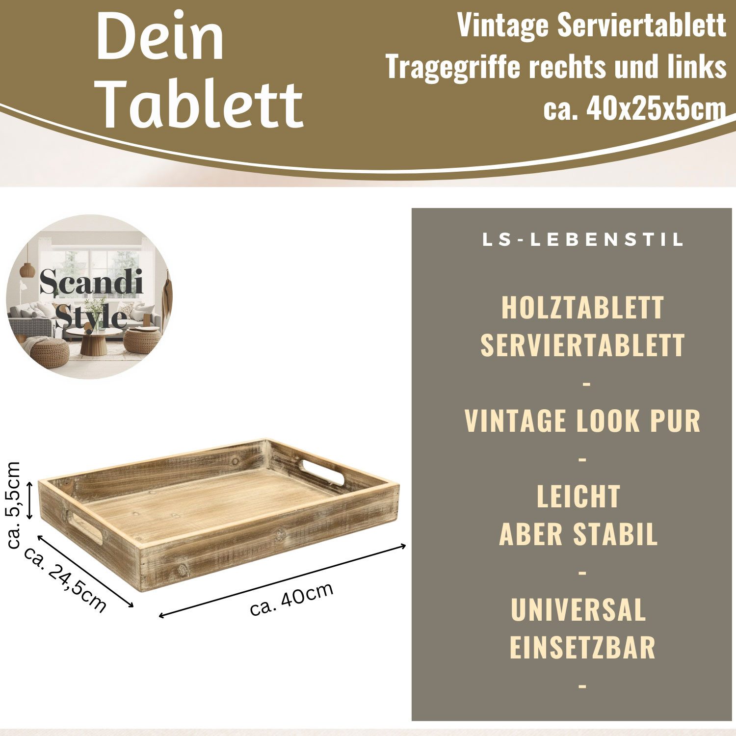 LS-LebenStil Tablett Vintage Serviertablett 40x25x5cm Grau Braun gekalkt Holz Tablett Griff, Holz, (1-tlg., Küchentablett Frühstückstablett Betttisch Betttablett Kerzentablett), erhöhter Rand Geflammt Teetablett Frühstück Geschirr Getränke Deko