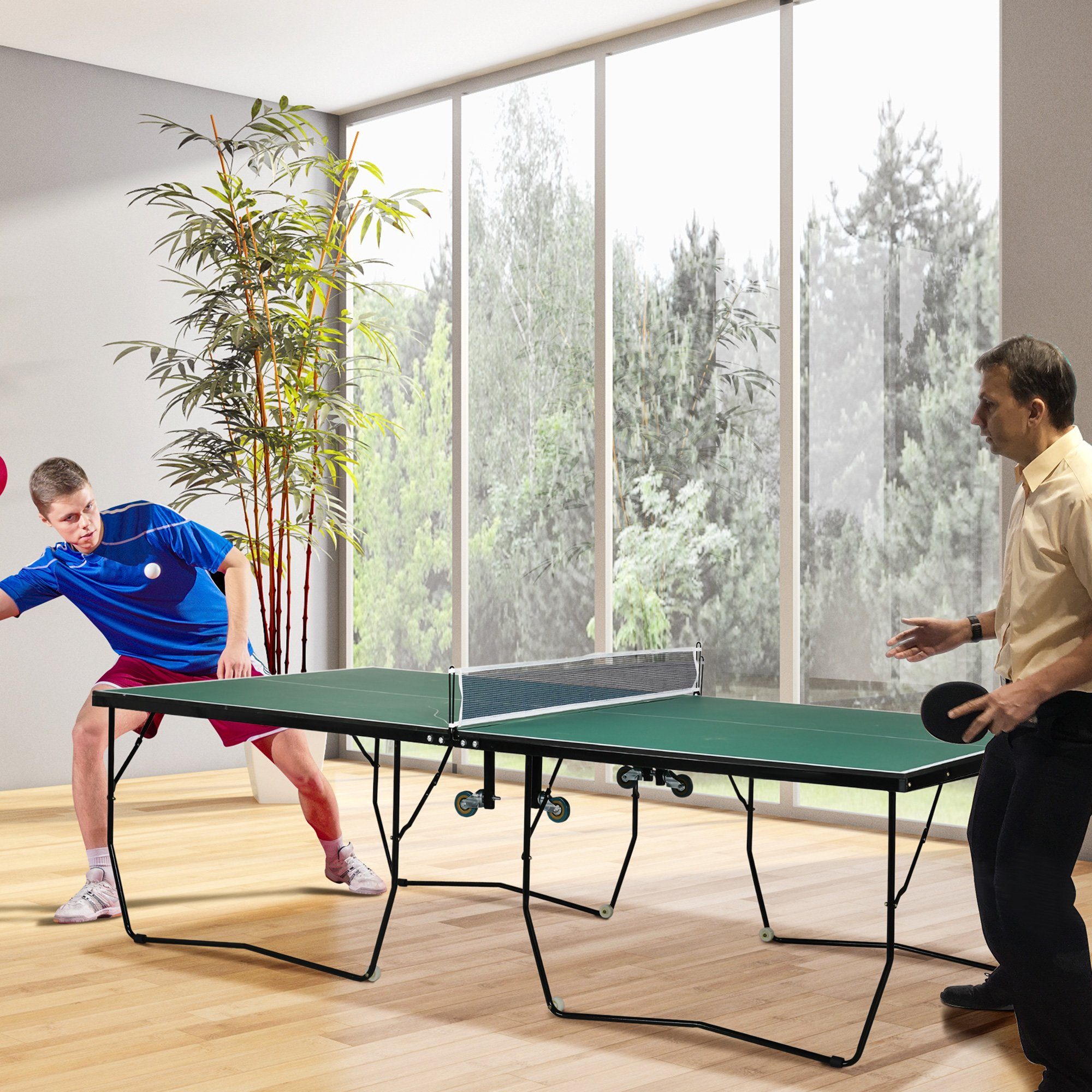 SPORTNOW Tischtennisplatte Tischtennistisch Klappbar, Stahl, Grün (Tischtennistisch, 1-tlg., mit Rollen), 274 x 152,5 x 76, Grün