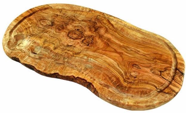 Olivenholz-erleben Tranchierbrett mit Saftrille aus hochwertigem naturbelassenem Olivenholz, Massivholz, (1-St), Brett zum Wenden, eine Seite mit Saftrille, glatte Seite zum Schneiden
