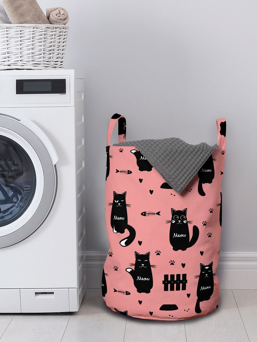 Kitten Katze Paws Fisch Kordelzugverschluss Abakuhaus für Wäschesäckchen Griffen Wäschekorb Waschsalons, Silhouette mit