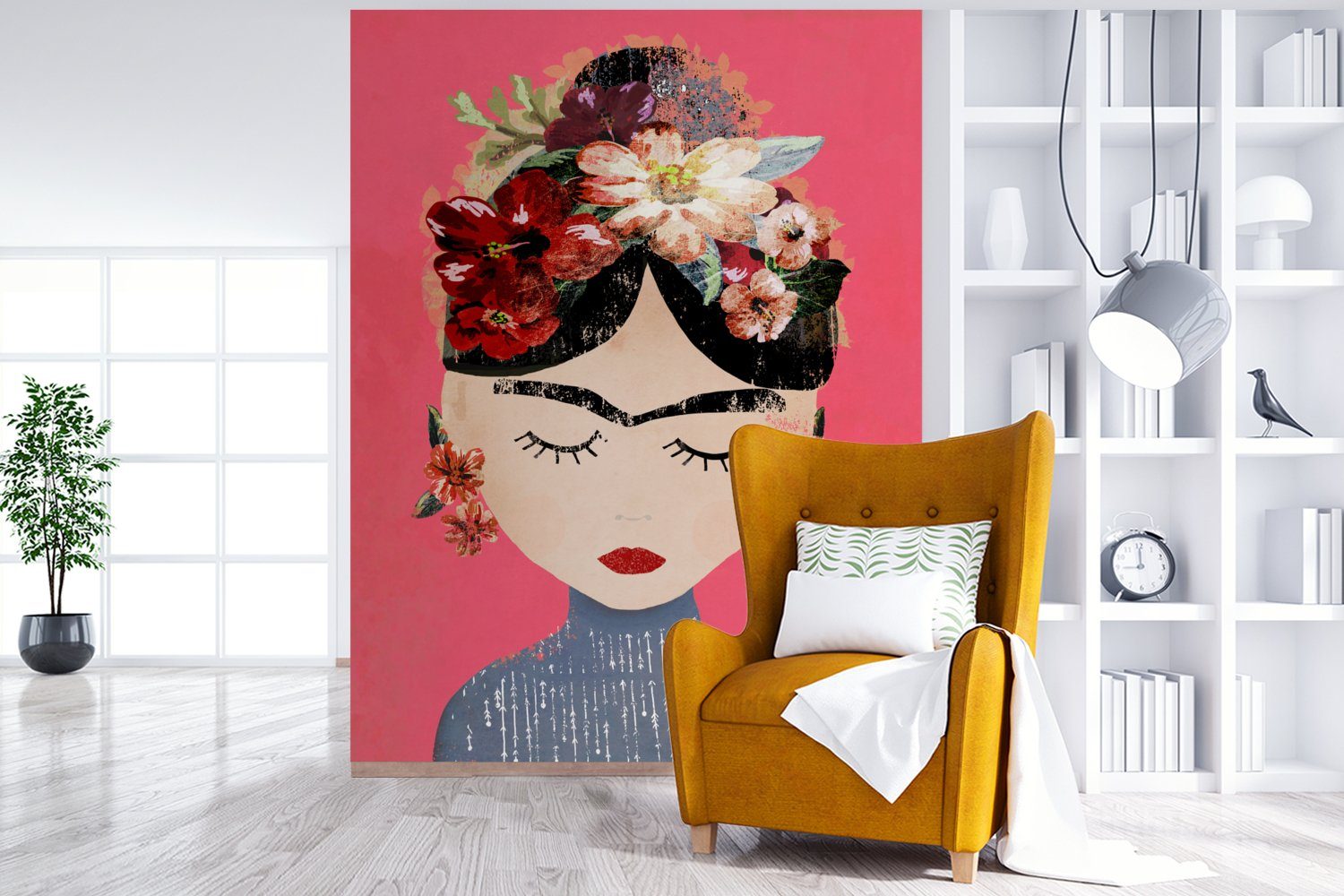 Frau für (4 Kunst, - Frida St), Wohnzimmer, Blumen Montagefertig - Tapete MuchoWow - bedruckt, Kahlo Wandtapete Vintage Vinyl Fototapete Matt, -