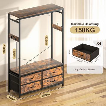 Yorbay Kleiderständer Garderobenständer Kleiderständer 100 x 40 x 180 cm, (Aus MDF und Stahl, mit Kleiderstange, Ablagen, 4 Schubladenboxen), Offener Kleiderschrank für Wohnzimmer, Schlafzimmer, Flur