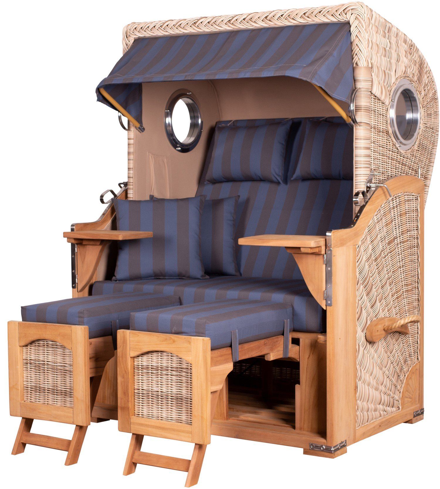 bene living Strandkorb Ammersee 2-Sitzer Teak - PE shell - Modell 582, BxTxH: 125x80x165 cm, Volllieger ca. 175 Grad, Ostsee-Strandkorb, inkl. Liftersystem und Bullaugen