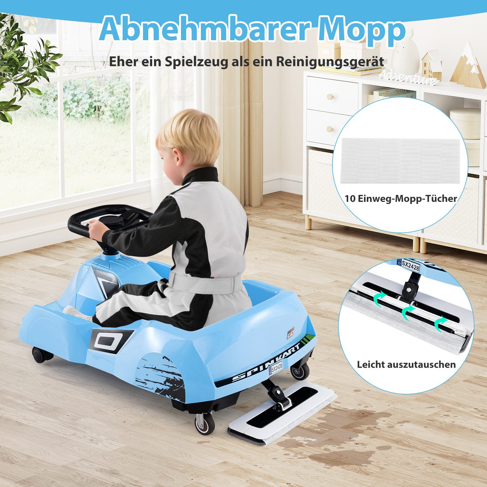 COSTWAY Go-Kart, Reinigungs Elektro-Kinderauto, mit abnehmbarem Mopp