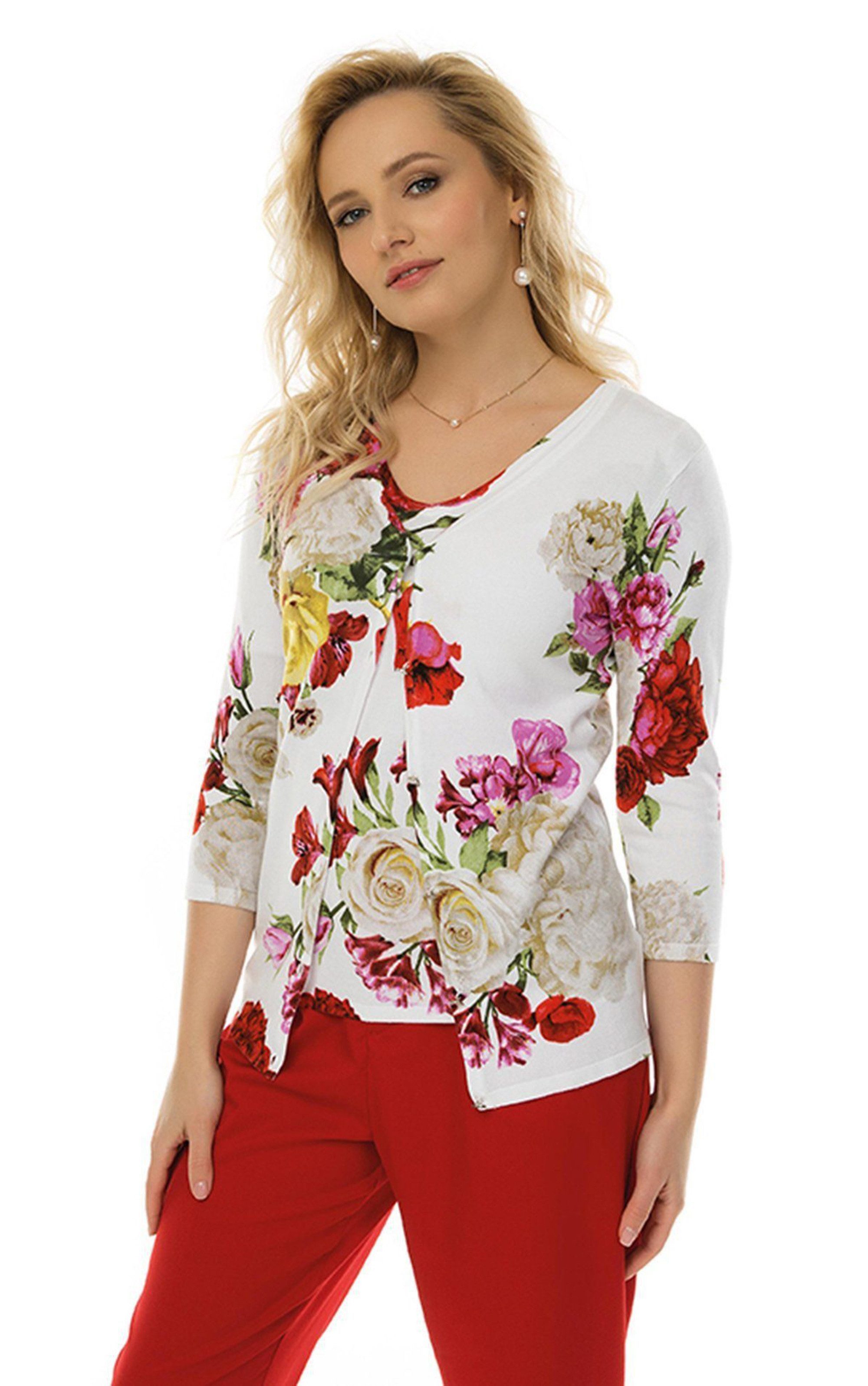 Passioni 2-in-1-Pullover Twinset mit buntem Blumendesign und 3/4 Arm (2er Pack)