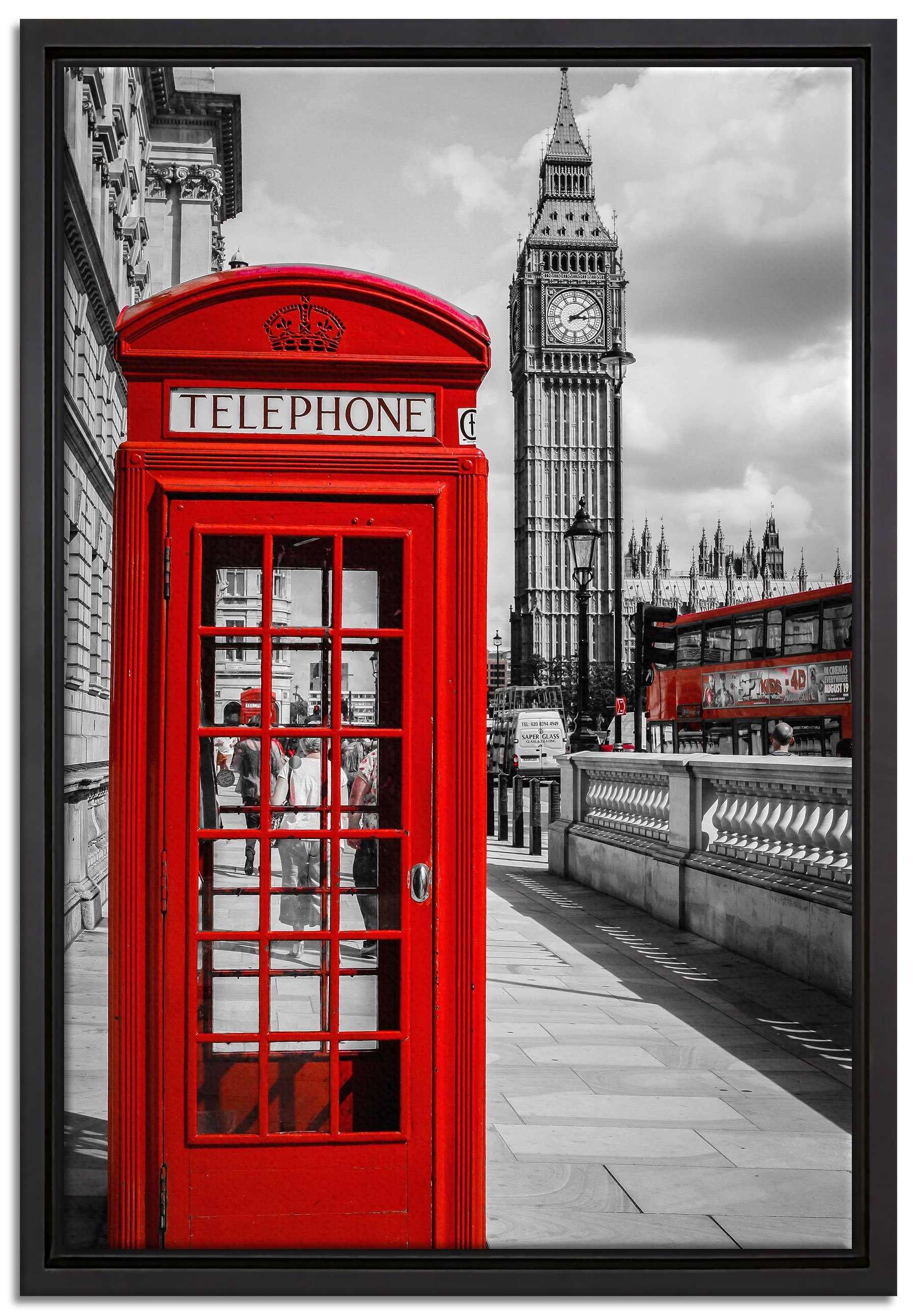 Pixxprint Leinwandbild Telefonzelle London, Wanddekoration gefasst, einem bespannt, Schattenfugen-Bilderrahmen in fertig (1 Leinwandbild inkl. Zackenaufhänger St)