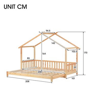 SOFTWEARY Kinderbett Ausziehbett mit Lattenrost und ausziehbarer Liegefläche (90x200 cm/180x200 cm), Hausbett, Kiefer