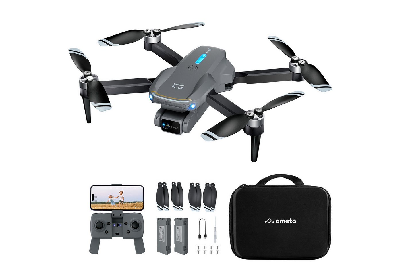 AMETA 4K FPV 36 min Flugzeit Bürstenloser Motor für Erwachsene Anfänger Drohne (4K Ultra HD, RC Quadrocopter mit Bürstenloser Motor, Höhenhaltung, Kreisflug, Geschenk Spielzeug für Kinder (165 g)